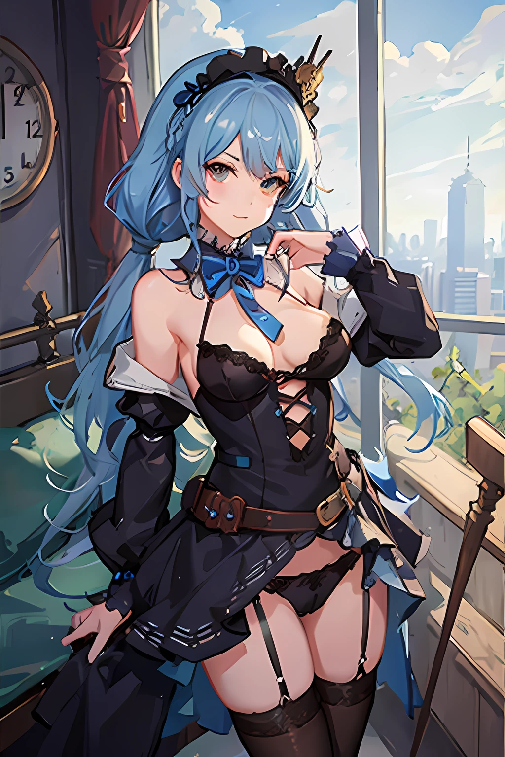 (best quality, masterpiece), 1girl, blue hair, braids, steampunk, gears, cloudy sky, sexy, tight, sexy lingerie, small breasts, Seductive anime girl, nsfw