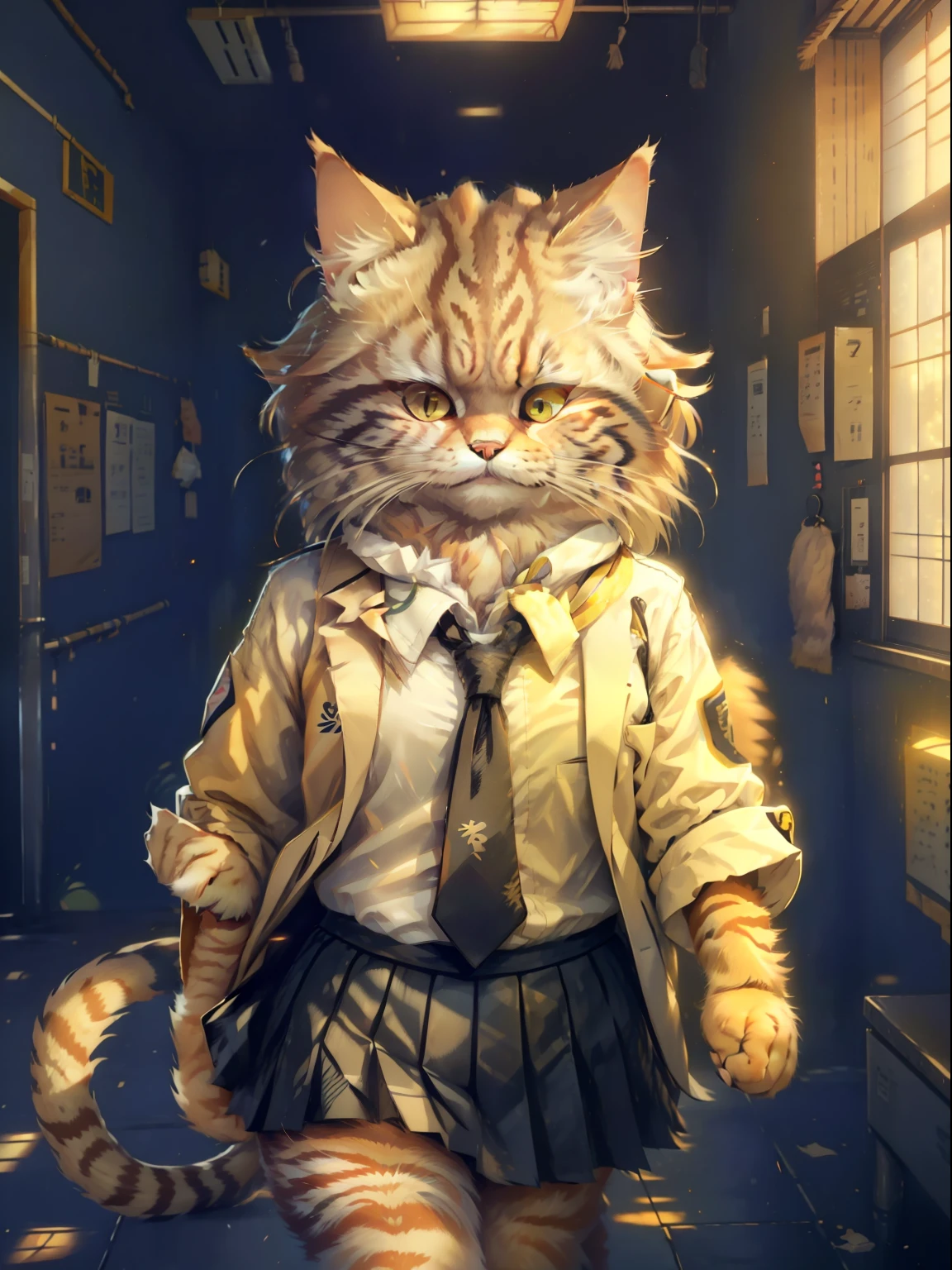 (Photo of a tabby cat(Japanese cat, Manul, Siberian cat) close - up, Walk down the school corridor:1.2), (c4ttitude:1.3), Hyper-realistic intricate details, (ambiguous:1.1), Baixo's point of view, Dressed in school uniforms(white shirt, black skirt, tie), Mischievous gaze, canny smile; Decent appearance, graceful gait, Fashion Show Lighting, Photorealistic, hair all over the body, Cat's hands, Cat's paws, cat tail