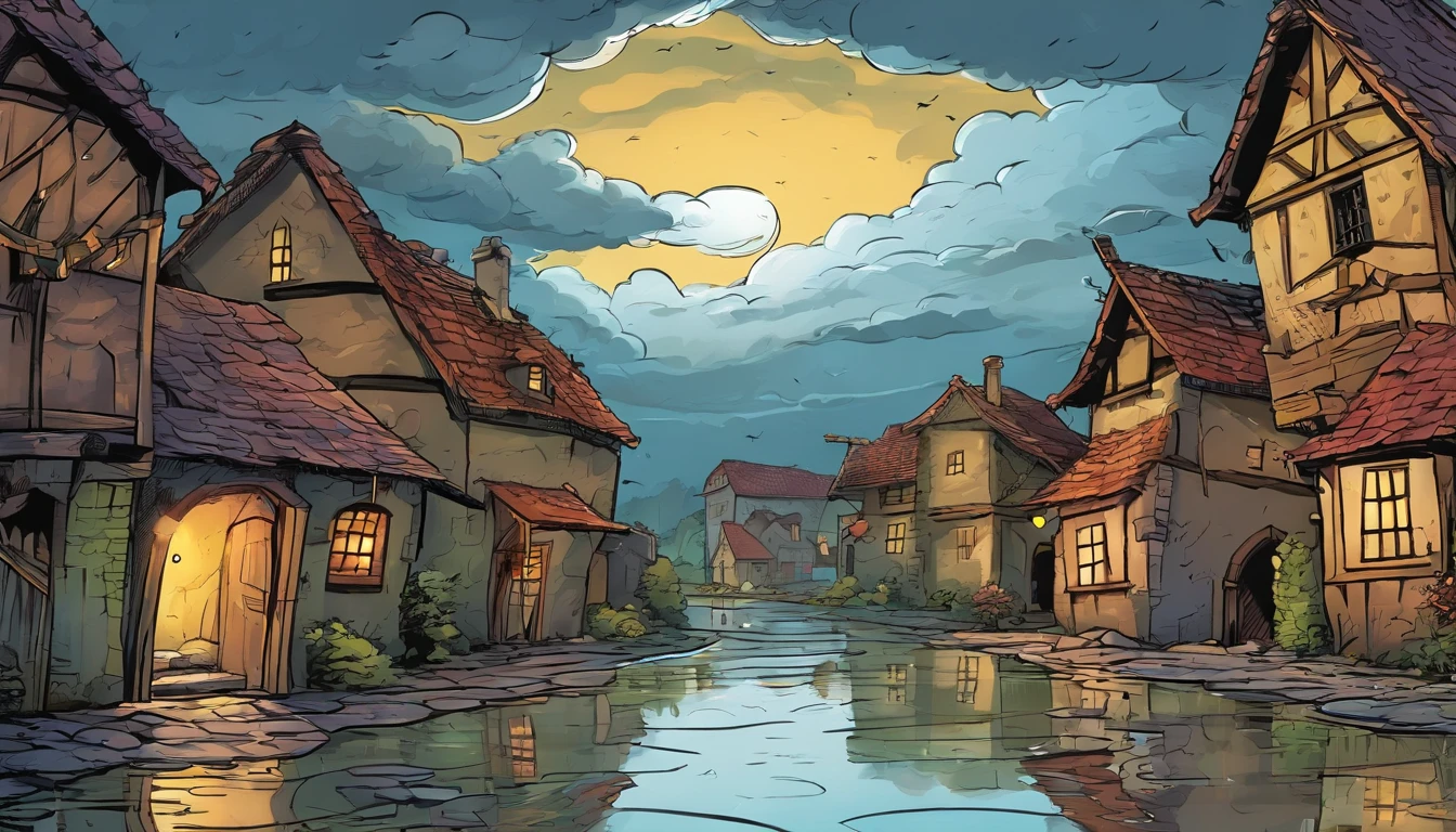 dark stormy sky, low-angle view, puddles of rain on the ground, medieval village, destroyed