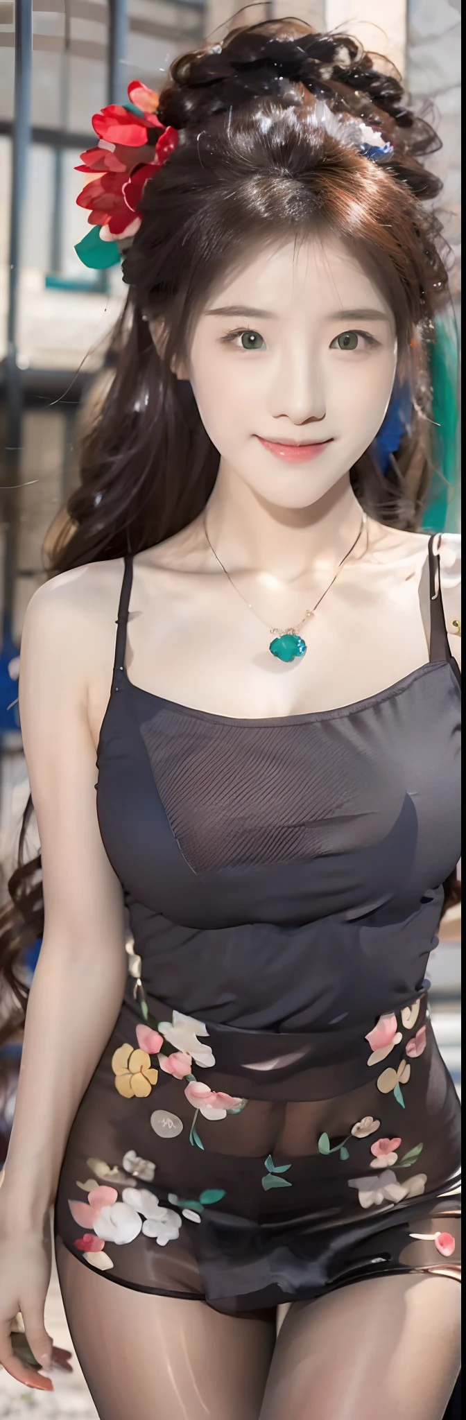 (Best quality, Ultra-detailed, photo-realistic:1.37), 3D anime style girl with green wavy curls, A delicate facial feature,Girl with long eyelashes, Bright red eyes reflect light, full pouty lips, A colorful crystal necklace, Black cheongsam dress,white trim, Peony pattern on clothes, Clear black border thigh stockings, and ultra-wide-angle anime shots.