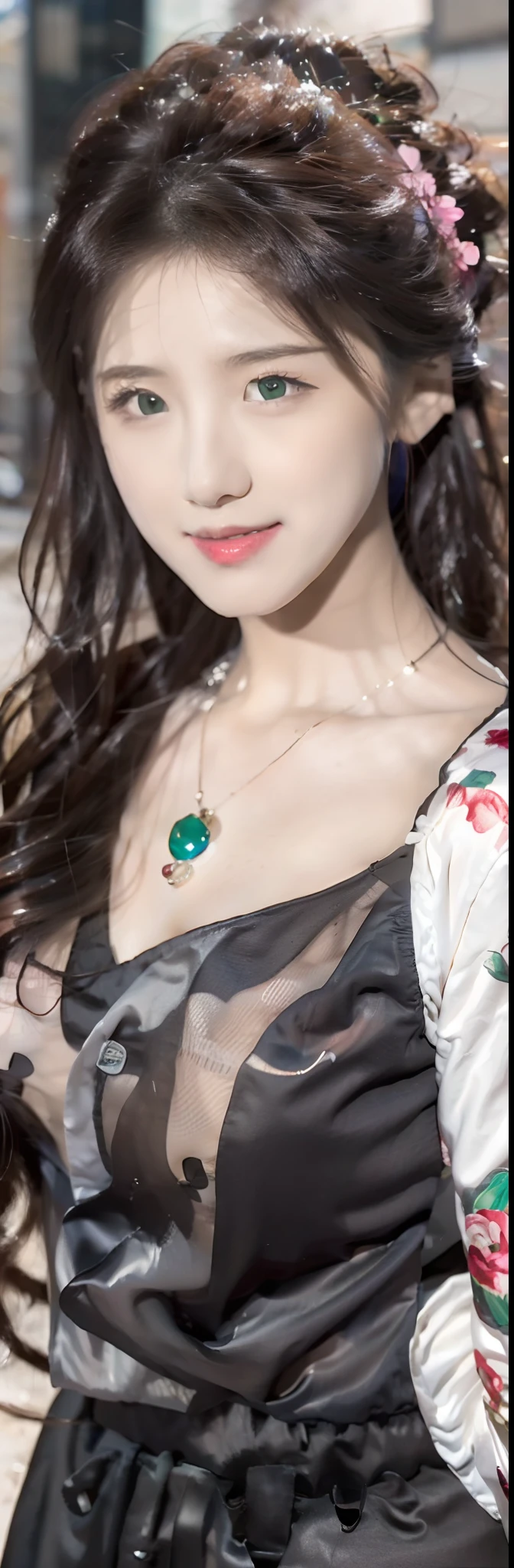 (Best quality, Ultra-detailed, photo-realistic:1.37), 3D anime style girl with green wavy curls,  A delicate facial feature，Girl with long eyelashes, Bright red eyes reflect light, full pouty lips, A colorful crystal necklace, Black cheongsam dress，white trim, Peony pattern on clothes, Clear black border thigh stockings, and ultra-wide-angle anime shots.