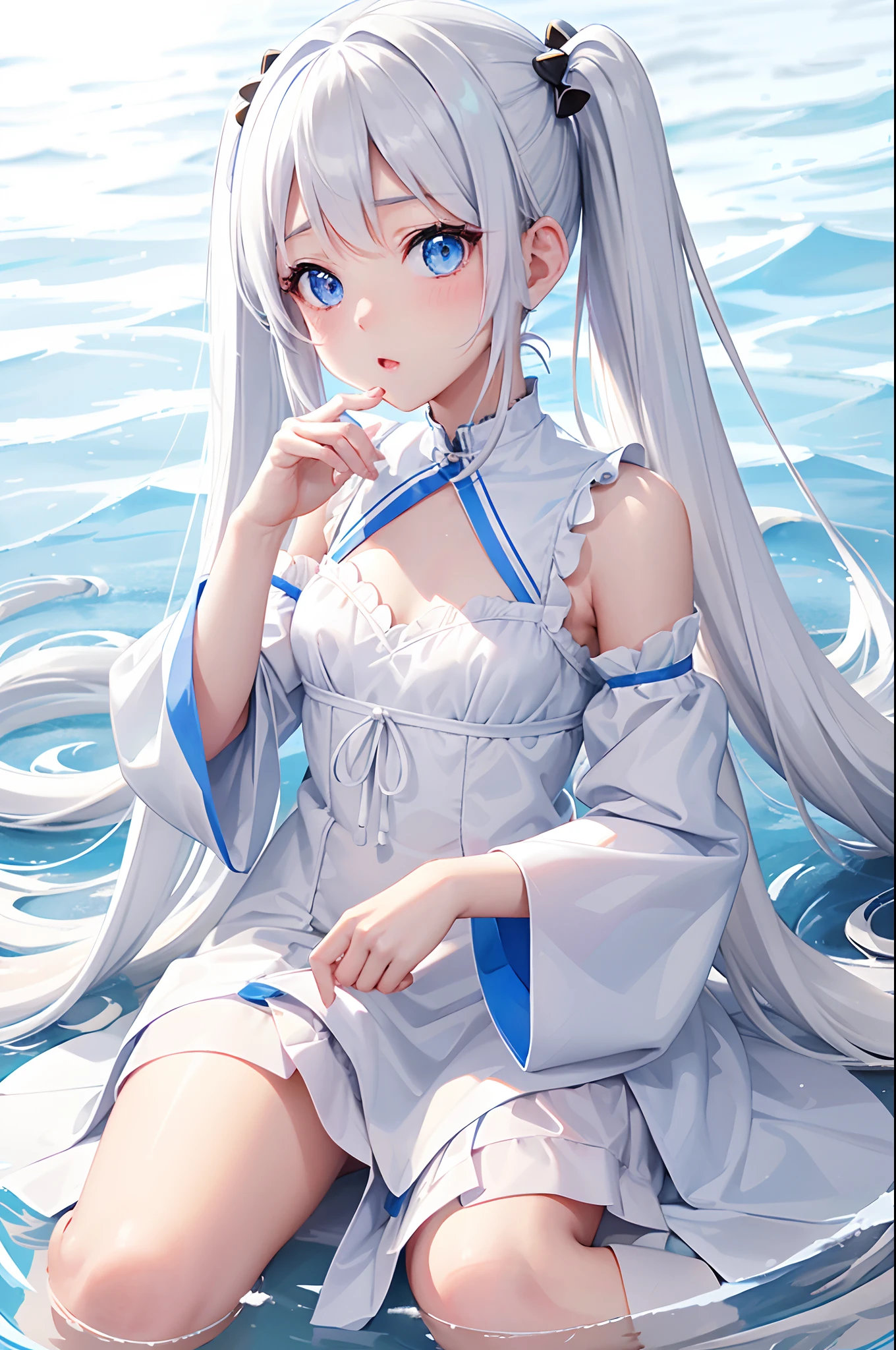 （top-quality）、Twin-tailed girl、Twintails with white hair color、Light blue eyes、White skin、White dress、Put your hands on your chest、under the water、（Fantastical）、cute little、Japanese anime、spotless、shuicolor、white colors