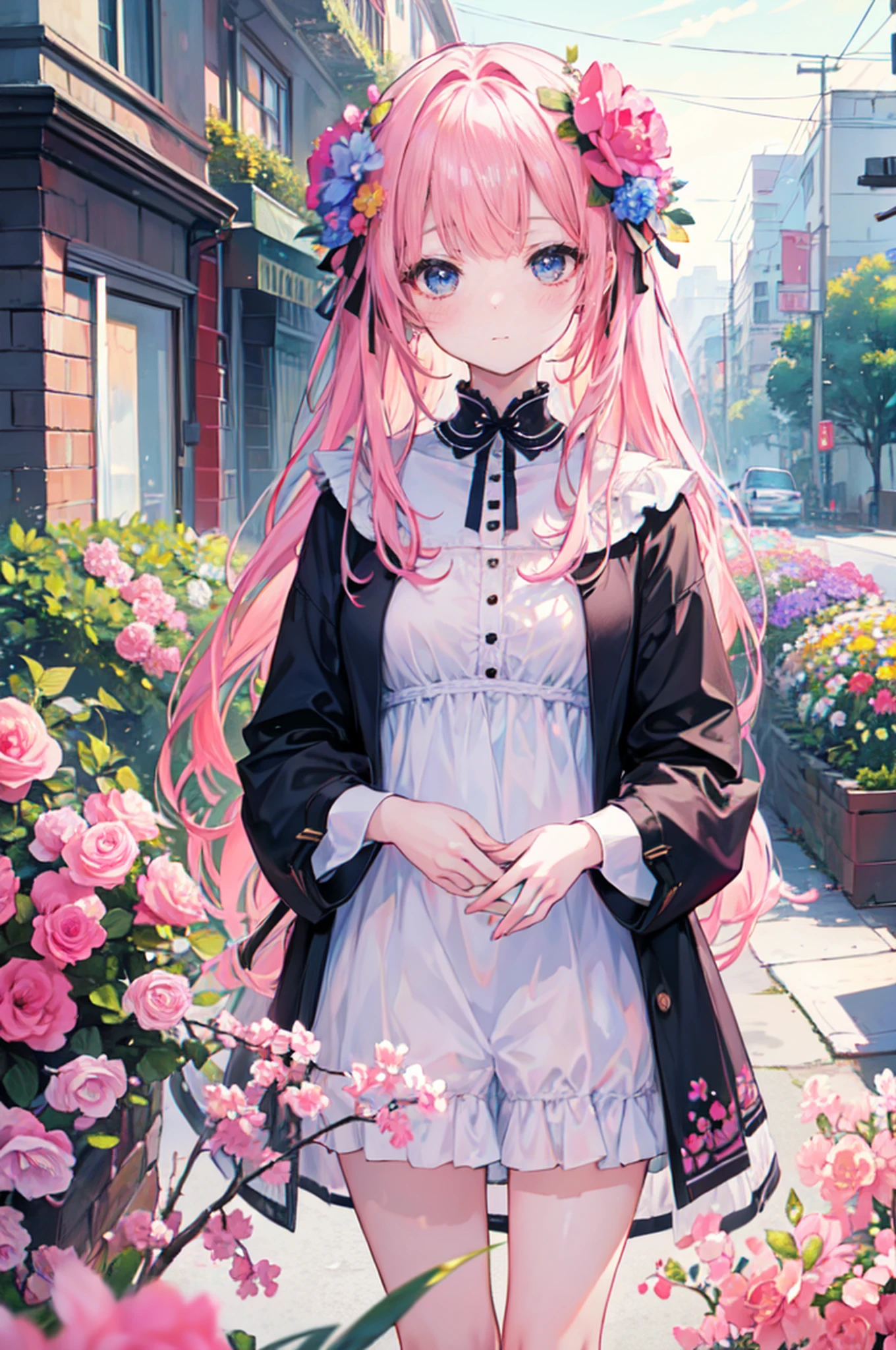 (best quality, 8k, masterpiece:1.2, nsfw ),Cutest,Cute girl,mesugaki,Beautiful face,Beautiful eyes,Beautiful hair, Light pink hair,Lots of colorful flowers,