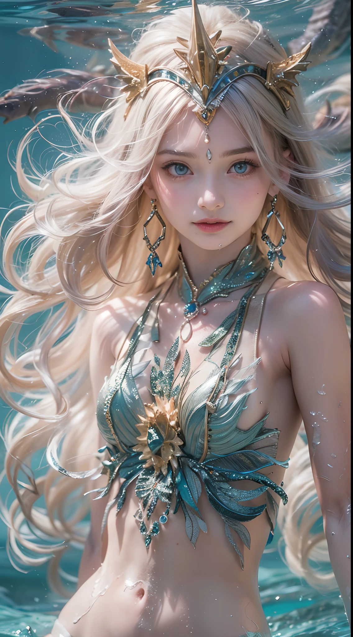 low-teengirl, ****, mermaid, close-up face, facing the front, underarm, armpit, （Highest quality authentic textured skin),(abyssal),(Fine, Round, Symmetrical eyes),Delicate facial features,(Burning bright and cold eyes), she have beautiul tiger eyes, very slim and thin body, naked, nude, (She has a mischievous smile on her face),(Her face is gentle and beautiful),Glass earrings on the ears,,(Blonde hair),(silvery white hair),(Maroon hair),(Swim at the bottom of the sea)，(Full body portrait:1.5),(Dramatic photo:1.4),(dramatic pose),(flamboyant photo)(facing up),(Looking down),(Around her neck hangs a simple necklace of exquisite craftsmanship),A messy painting，(Hair flows in water:1.5),(Underwater, Marine life, Beautiful coral reef, Fish),(Vortices and tidal currents in the background),(Dramaticlight),(Magnificent scene),(Surrounded by beautiful dragon),In the distant background is a temple submerged in a coral reef,the reef,Epic realism,Cinematic feeling,(high-density imaging review:1.5),(Soft color:1.2),Ultra detailed,Dramaticlight,(intricately details:1.1),the complex background,