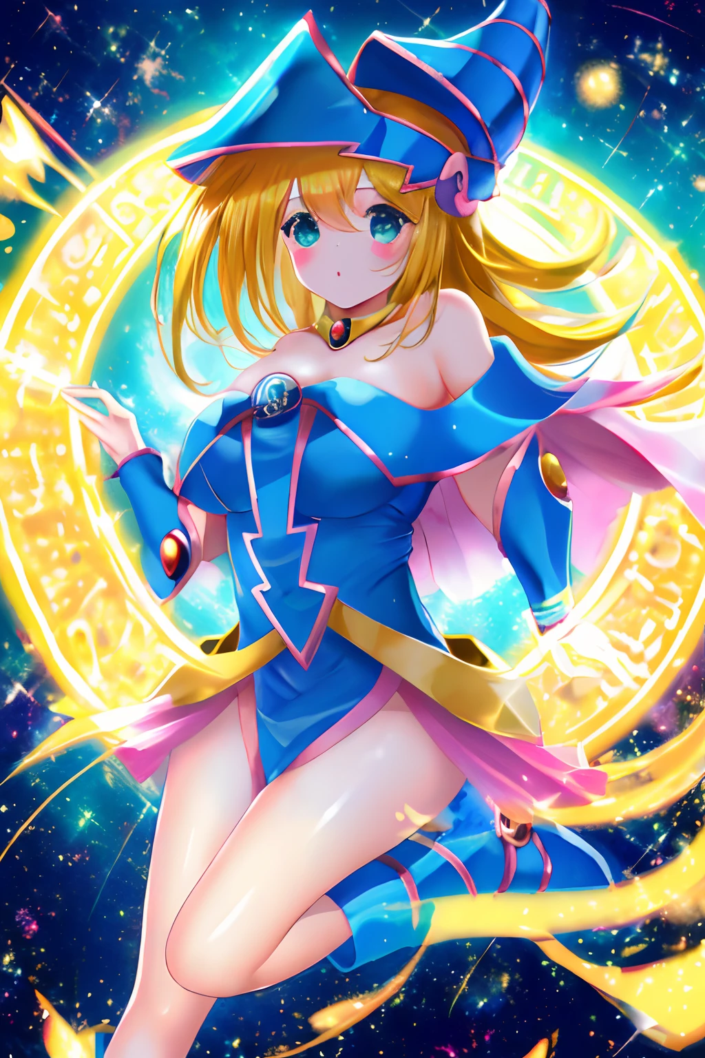 Black Magician Girl、super breasts、thick thighs、blonde hair、magic circle、8K, 4k, highest quality, High resolution: 1.2),winking、Nipples exposed、cute anime face、Pink blush on cheeks、noise removal、Leotard that bites into、have a cane、Hold your cane、Rear view、Turning around、full body portrait、T-back that digs into your butt、Glowing green eyes、Laughter