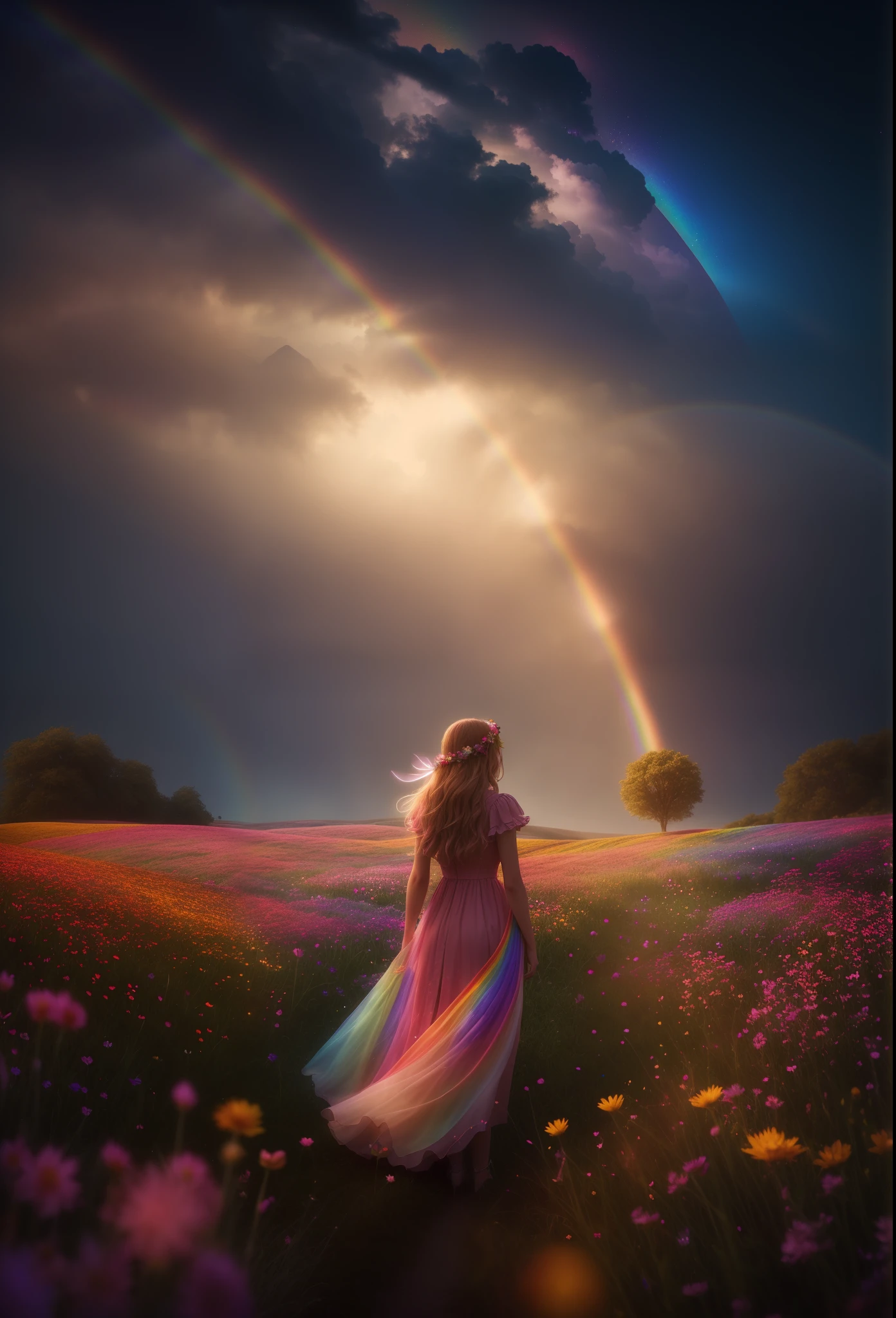 arafed woman in a pink dress standing in a field of flowers, lost in a dreamy fairy landscape, just one rainbow 8 k, magical colors and atmosphere, very magical and dreamy, octane render a lonely rainbow, ethereal rainbows, magical colours and atmosphere, dreamy scene, a goddess in a field of flowers, colorful dream, dreamy atmosphere, magical landscape