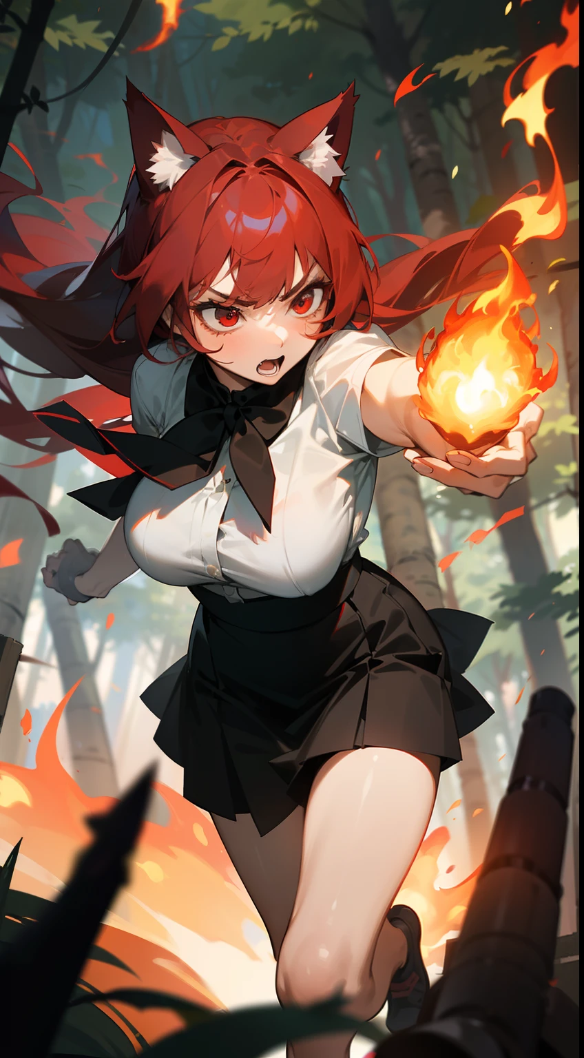 1girl ,20s,,angry face,white shirt,black skirt,medium tits,red hair,long hair,red eyes,Cat ears(((running in a forest))),(((casting magic fire,hides arms))),masterpiece,hd,4k