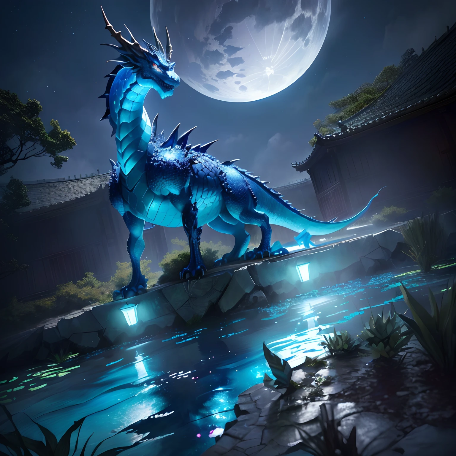 There is a statue of the dragon that is standing in the water, water dragon, blue dragon, blue scaled dragon, realistic fantasy rendering, cyan chinese dragon fantasy, realistic fantasy illustration, pintura digital altamente detalhada, dragon inspired blue armor, colossal dragon as background, colossal dragon in background, 8k arte detalhada de alta qualidade, crystal dragon, Chinese dragon concept art