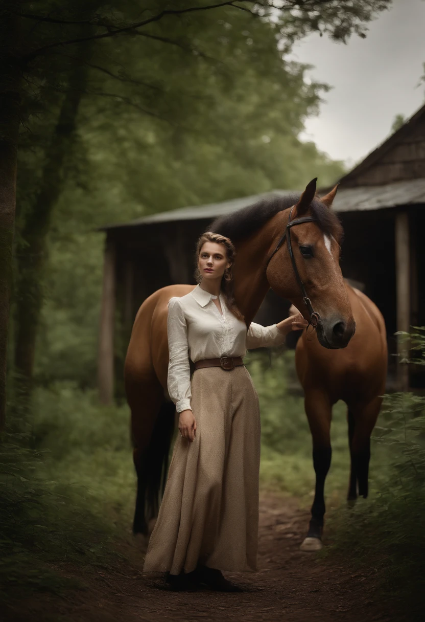 woman elegantly dressed in vintage attire, holding horse in her arms, surrounded by old, abandoned buildings within a dense forest. wide-angle shot that captures the expansive view of this captivating scene. The woman's attire should exude a sense of nostalgia, and the horse in her arms should evoke a feeling of connection between her and these majestic animals. Utilize a high-resolution capture to emphasize the intricate details of the old buildings and the lush forest. The image should transport viewers to a world where time seems to stand still, blending nature, history, and a touch of magic."