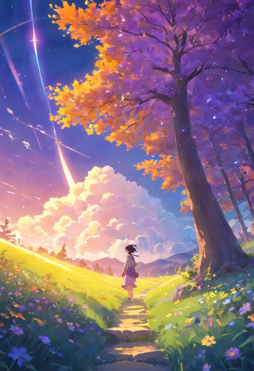 Expansive landscape photograph,(look from down,Above is the sky,Below are open fields),A saree girl stood on a flower field and looked up,(moon full:1.2),(Starcloud:1.3),Far Mountain, Tree BREAK making art,(Warm light source:1.2),(glowworm:1.2),lamp lights,Lots of purple and orange,Complicated details,(best qualtiy),4K,ultra - detailed,(dynamic compositions:1.4),detail-rich,plethora of colors,(Irridescent color:1.2),(with light glowing,Atmospheric lighting),dream magical,magical,(独奏:1.