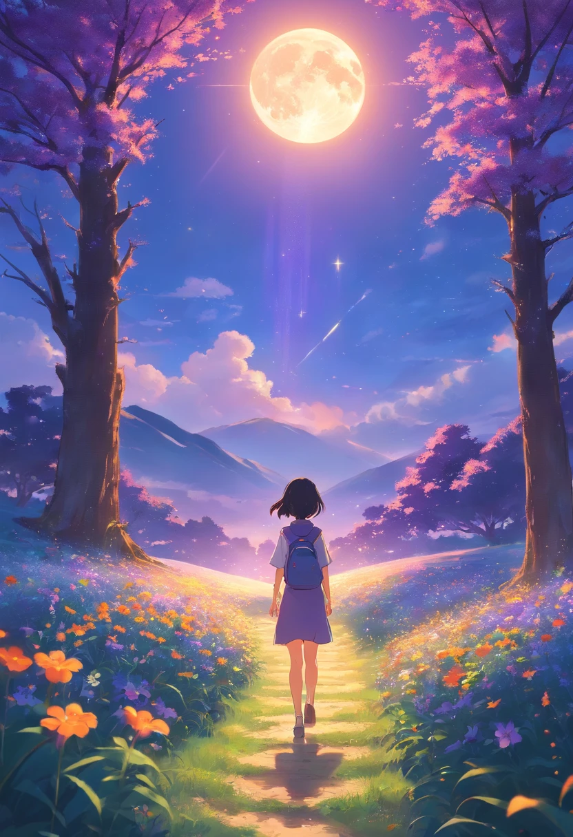 Expansive landscape photograph，（look from down，Above is the sky，Below are open fields），A saree girl stood on a flower field and looked up，（moon full：1.2），（Starcloud：1.3），Far Mountain, Tree BREAK making art，（Warm light source：1.2），（glowworm：1.2），lamp lights，Lots of purple and orange，Complicated details，（best qualtiy），4K，ultra - detailed，（dynamic compositions：1.4），detail-rich，plethora of colors，（Irridescent color：1.2），（with light glowing，Atmospheric lighting），dream magical，magical，（独奏：1.