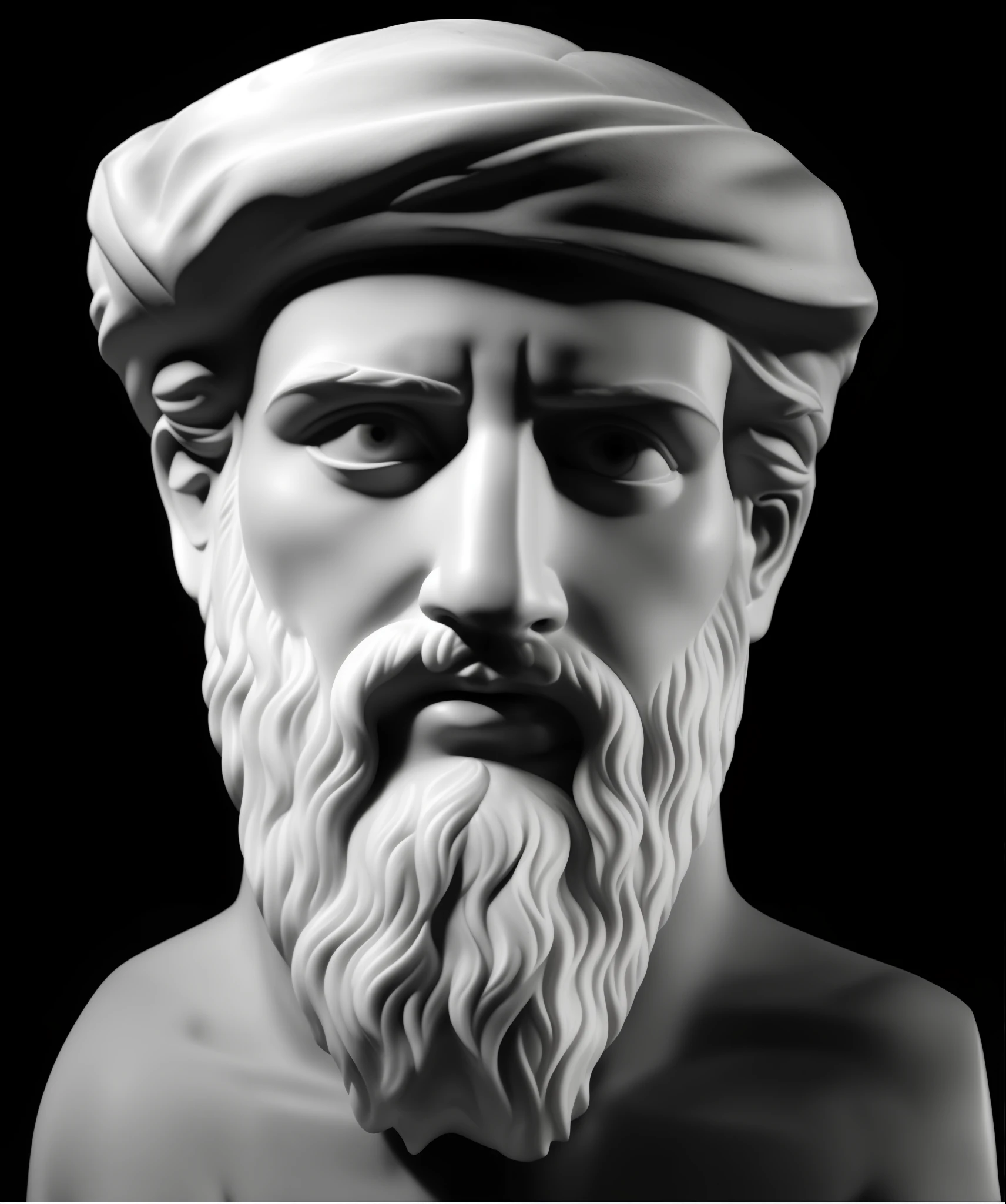 uma foto em preto e branco de um busto de um homem com barba, theophanes, Hermes Trismegisto;, by Theophanes, o grego, philosopher, eStoic face, um antigo rosto barbudo masculino, inspired by Theophanes, o grego, Arquimedes, Estoicismo, Retrato de Fayum, Stoic attitude, stoic