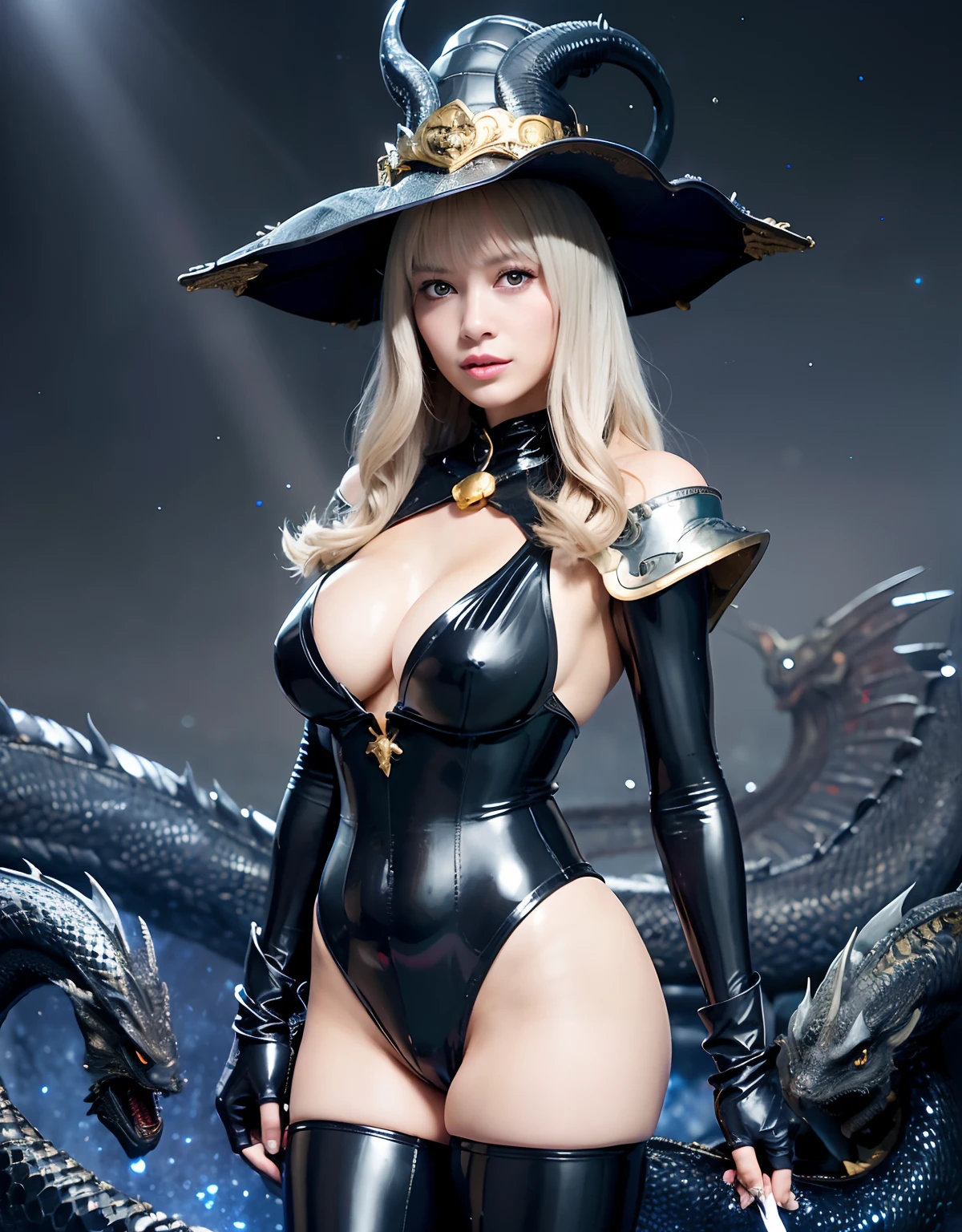 ((World of Darkness)),Professional , ​masterpiece、top-quality、photos realistic , depth of fields 、Golden Magic Wand、(((Fight dragons))),（Dragon Black Metal Body:1.9),(latex black-blue、（cleavage of the breast）,（Fight dragons）、、(((Particles of light))),（Micro Bikini Armor:1.7),Gorgeous gold weapons ,（Fight dragons）、Seductive look、The face of the dragon is out、（blood splattere、Armpit、（(((With a magic wand))), ） , (((Wearing a black latex wizard hat))),（demonic wings）   ,（（a blond））、（Castle background）、（（Gangle's forest background））、Beautiful Caucasian beauty、１a person、Armpit、dynamic ungle,(((Detailed Silver Dragon Wizard Hat)))、Smaller head、A smile、Castle background、Thin and beautiful female hands、cleavage of the breast、Soldier in iron armor on background、Mystical expression、Light Effects、intense fighting、Wind-effect、magic circles、With the legendary magic wand、Dragon's tail、explosions、Toostock、Toostock、(Beautuful Women),