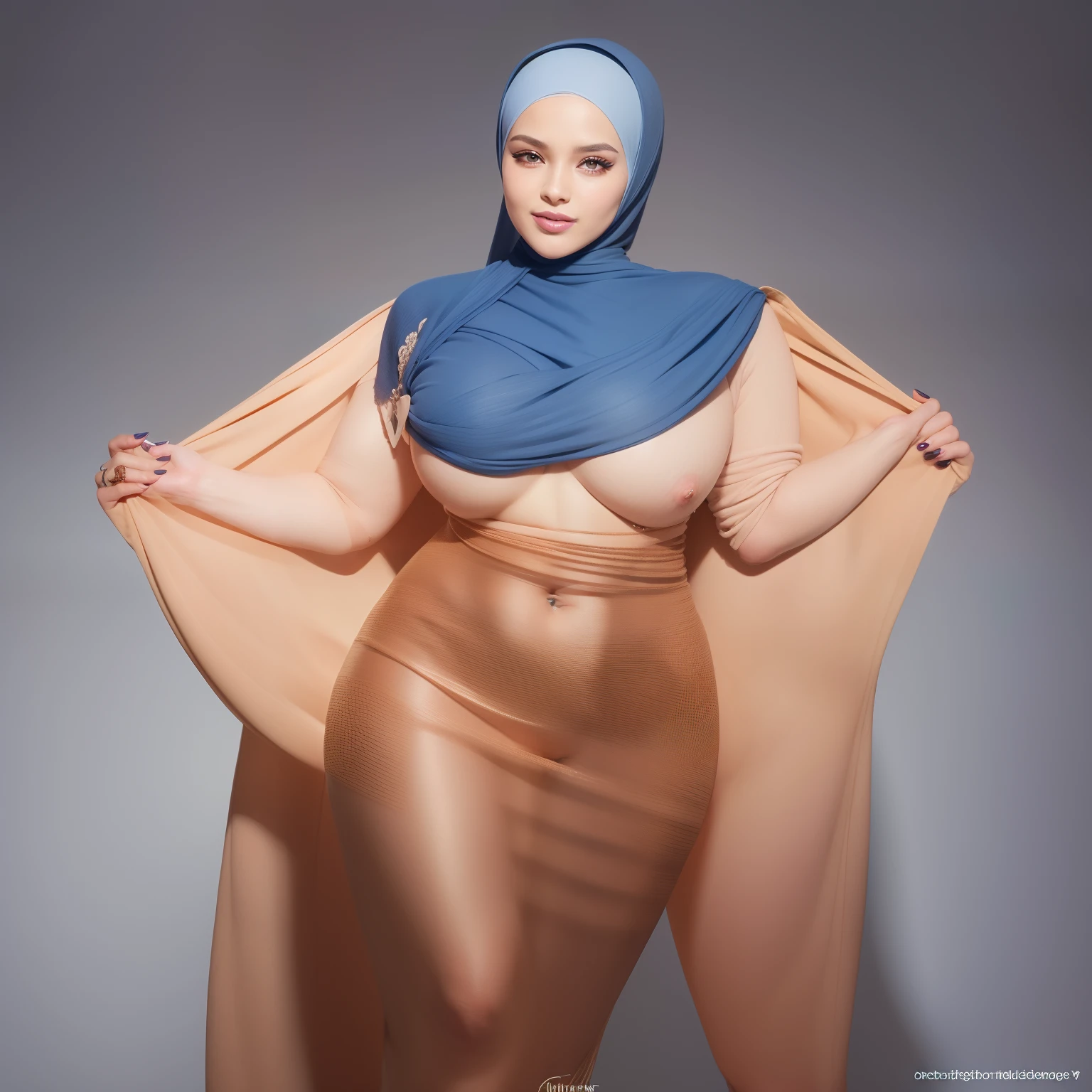 (NSFW,highres:1.2),1 girl,perfect body shape, slim waist,full body view,lifting her shirt,showing her boobs,wearing a hijab,beautiful detailed eyes,long eyelashes,natural makeup,soft smile,vivid colors,studio lighting,physically-based rendering,digital artwork,bokeh