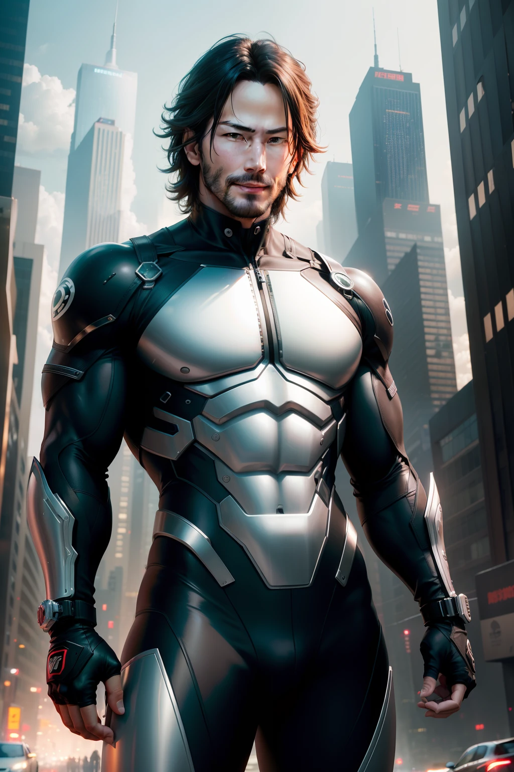 masutepiece、超A high resolution、Powerful images、8K、Futuristic cityscape、Streets lined with skyscrapers、Keanu Reeves Style Men's、Silver bodysuit、Macho figure、Threaten with open hands、Invincible smile、