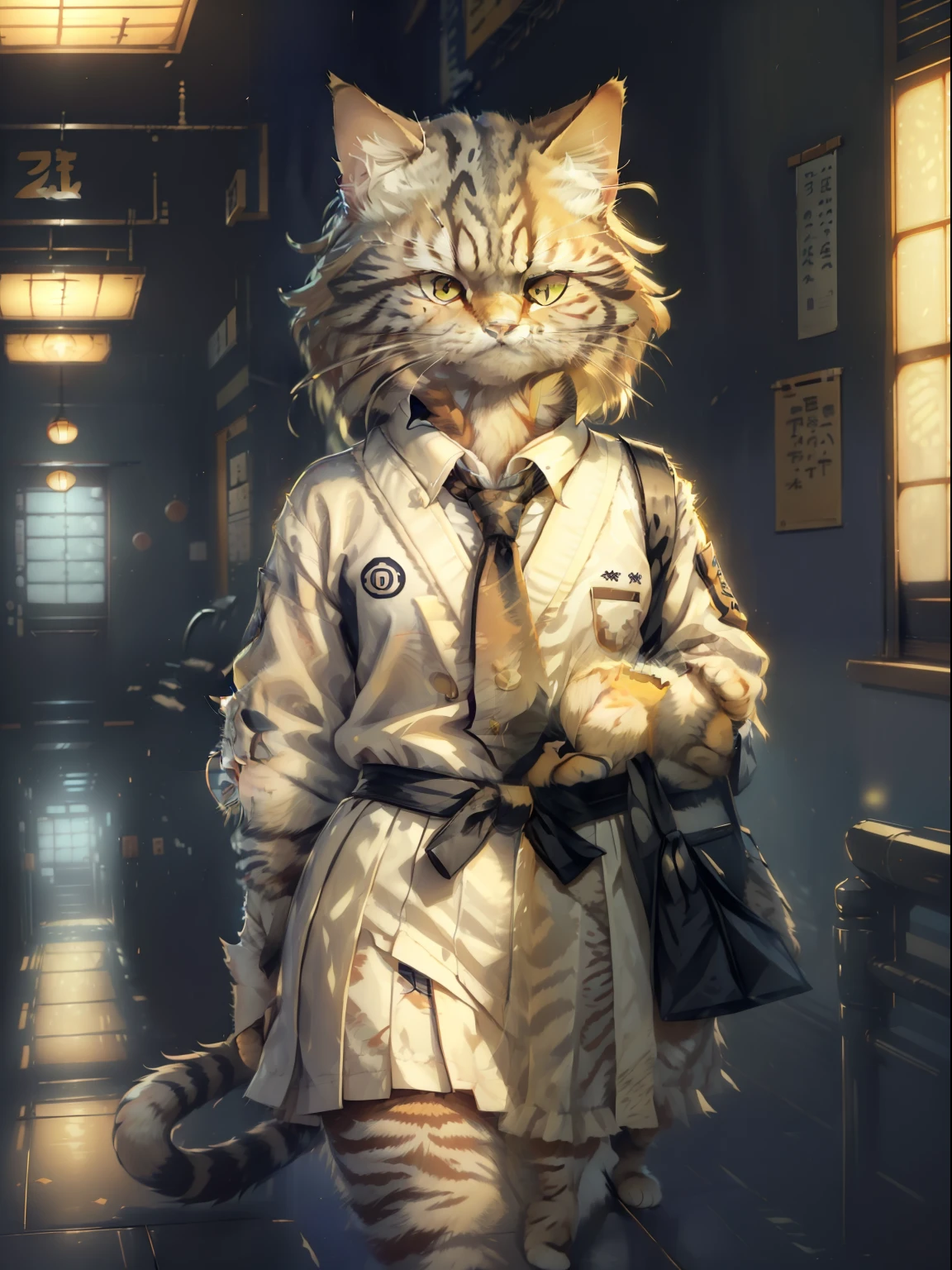 (Photo of a tabby cat(Japanese cat, Manul, Siberian cat) close - up, Walk down the school corridor:1.2), (c4ttitude:1.3), Hyper-realistic intricate details, (ambiguous:1.1), Baixo's point of view, Dressed in school uniforms(white shirt, black skirt, tie), Mischievous gaze, canny smile; Decent appearance, graceful gait, Fashion Show Lighting, Photorealistic, hair all over the body, Cat's hands, Cat's paws, cat tail; Full-length photograph from a short distance, high quality textures, higly detailed