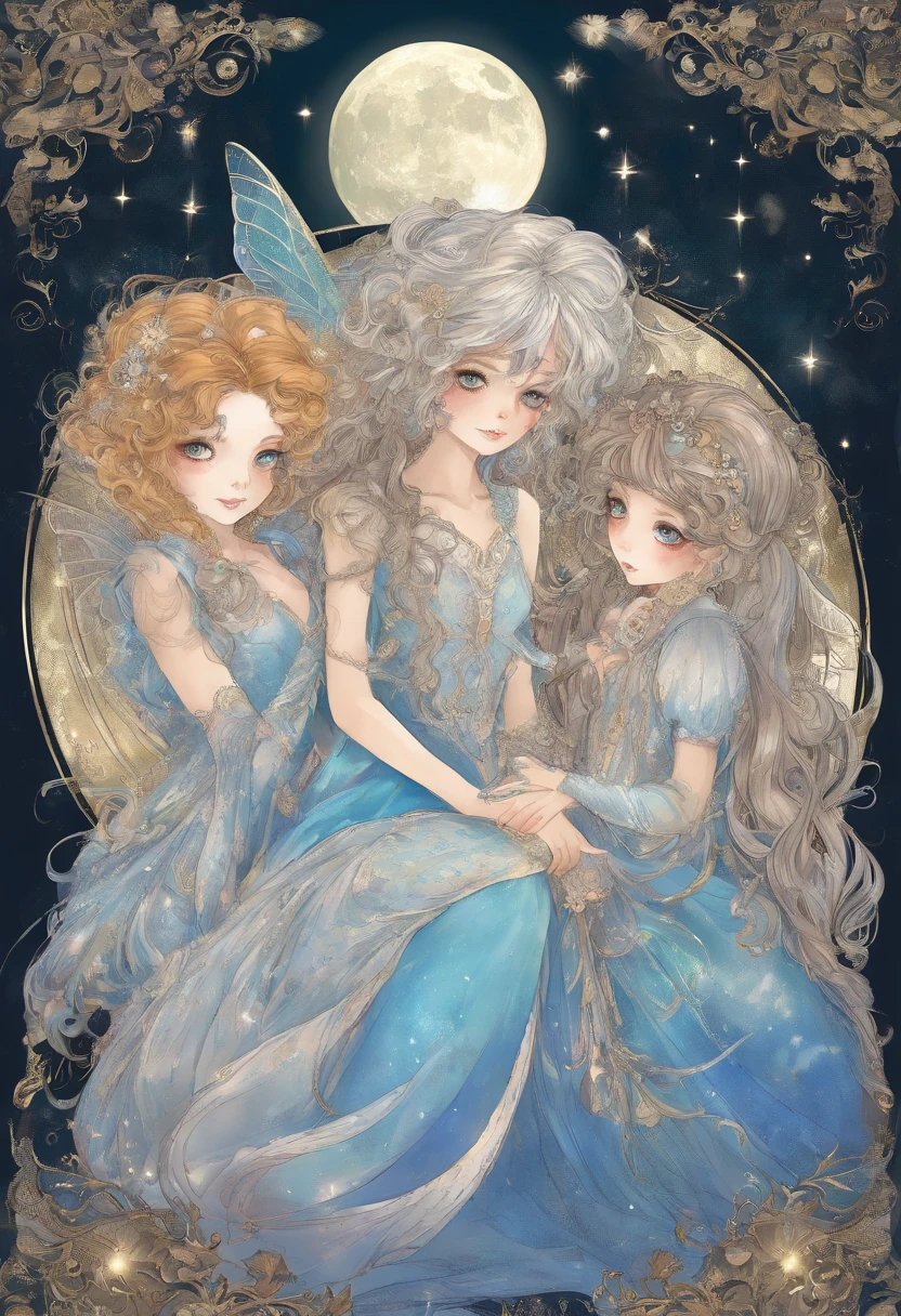 moon full，rainbowing，The backs of four girls（The hair color is silver, Respectively，golden colored，blue colors，brown pubic fur）