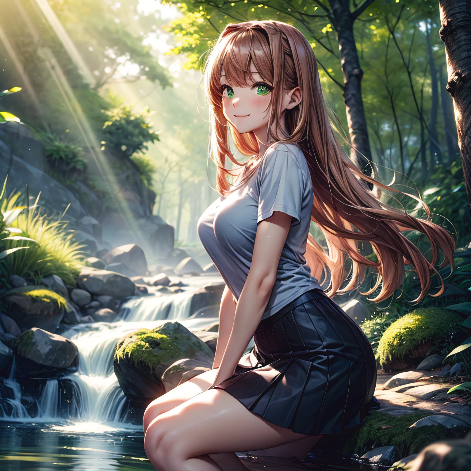 (masterpiece, best quality:1.2), (perfect anatomy), perfect face, highres, high-definition quality, 4k quality, (1girl), (detailed eyes), (perfect eyes), (monika), (green eyes), (coral brown hair), ((adult face)), rectangular body shape, Detailedface, (dipping legs in stream under the shadow of a tree), spring, smiling softly, relaxed, sunrays through foliage, casual clothes, light blue skirt, t-shirt, side view, medium sized breasts