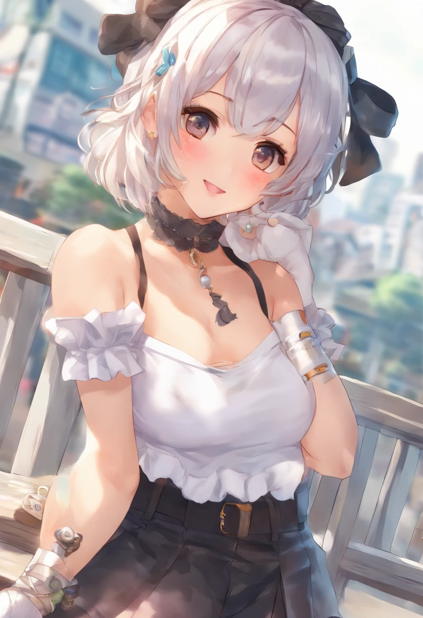 best quality, ultra high res, (photorealistic:1.4), 1girl, off-shoulder white shirt, black tight skirt, black choker, (faded ash gray hair:1), (huge breasts:1.2), looking at viewer, closeup ,