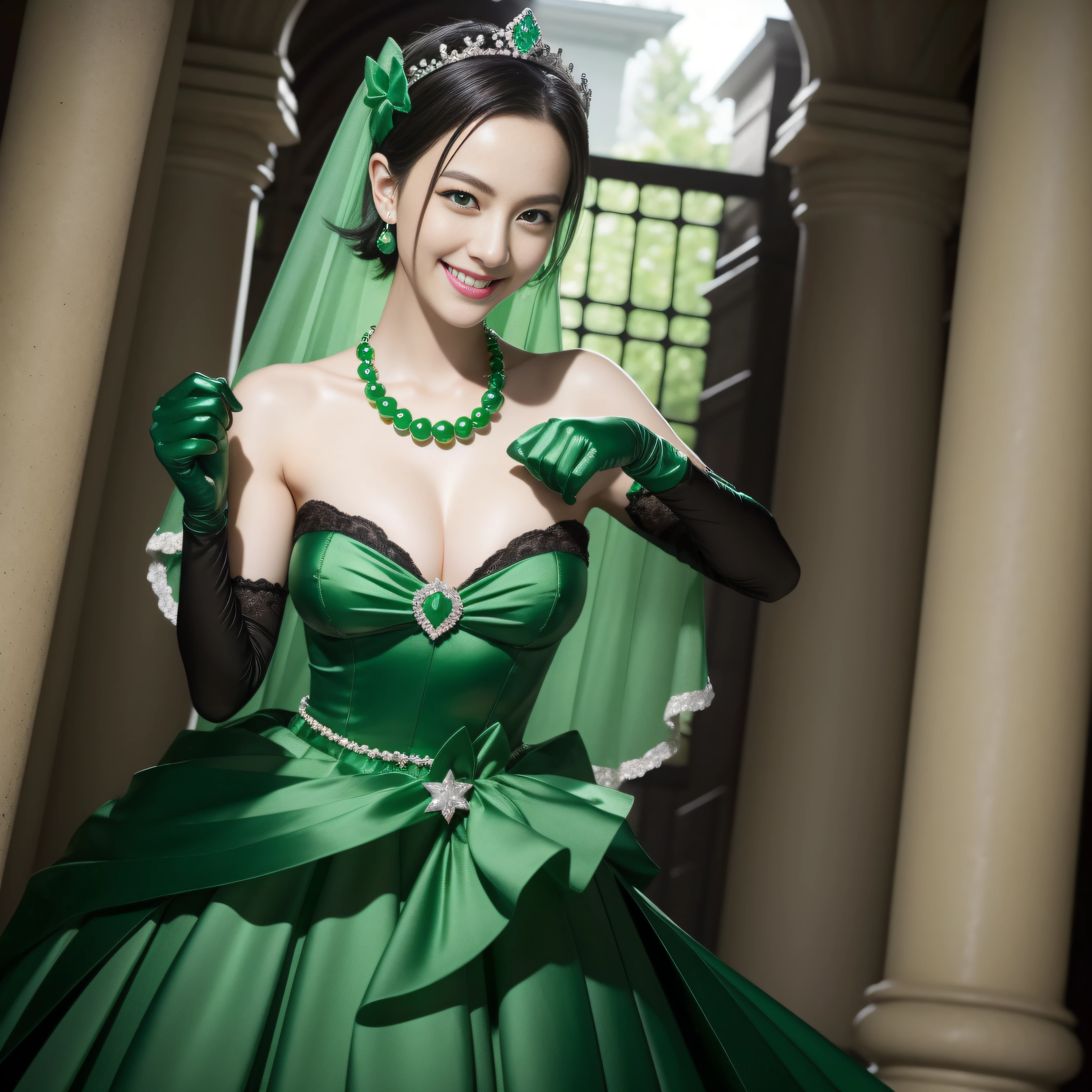 emerald tiara, Green Pearl Necklace, Boyish very short black hair, lipsticks, Japan woman smiling, Long green gloves made of satin material, very short short hair, fist, big breasts beautiful, Green eyes