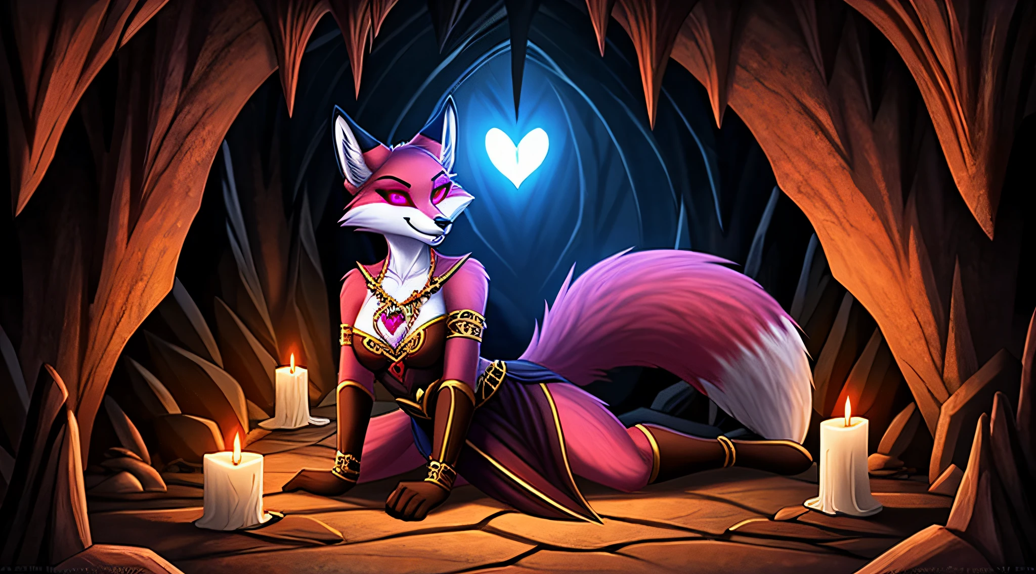 zoomed out image, fantasy style art, an attractive and shapely adult feminine anthropomorphic fox, temptress, dark pink fur, seductive look, glowing pink heart eyes, heart eyes, wearing a witch's outfit, evil smile, teeth showing, in a dark cave, creepy, digital illustration