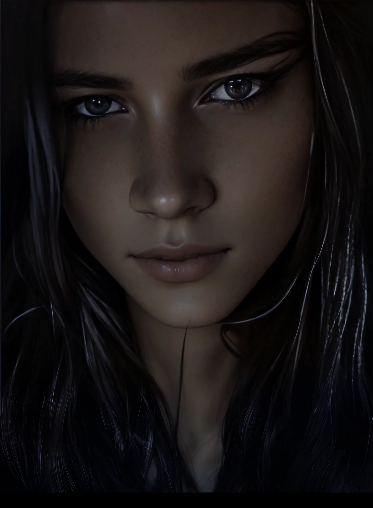 arafed woman with long hair and a black shirt looking at the camera, realistic face moody lighting, cinematic realistic portrait, 🤤 Portrait of a young girl, passion, lust, Sophisticated, Ultra-detailed portrait, detailed realistic face, 8k portrait rendering, photorealistic face, ultra realistic face, detailed unblurred face, Realistic detailed face, Ealistic shaded perfect face, Realistic | Detailed Face, photorealistic artstyle