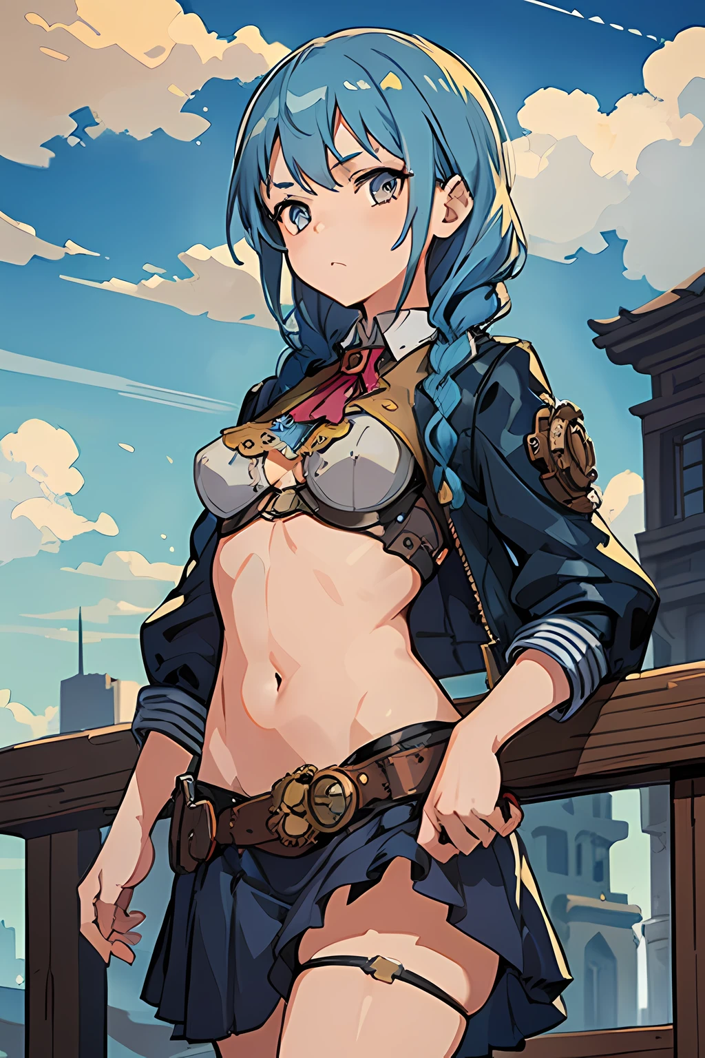 (best quality, masterpiece), 1girl, blue hair, braids, steampunk, gears, skirt, cutout above navel, small breasts, cloudy sky, sexy, tight