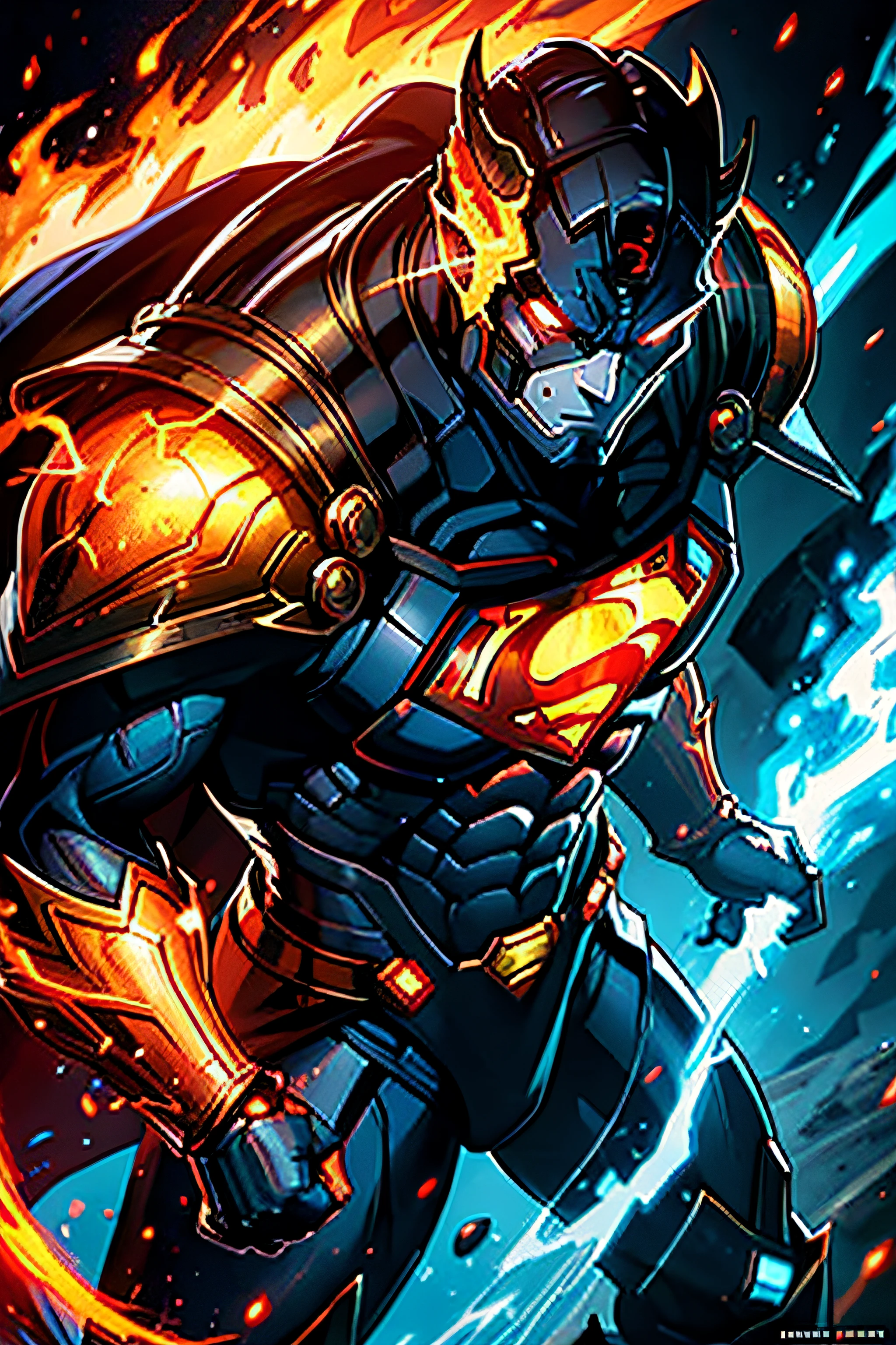 a close up of superman with armored suit, fire demon style, fire elemental, fire giant, muscled humanoid balrog demon, fire behind him, detailed digital 2d fantasy art, epic fantasy digital art style, berserker potrait, djinn man male demon, ornate with fiery explosions, flame conjuring armored, detailed digital anime art