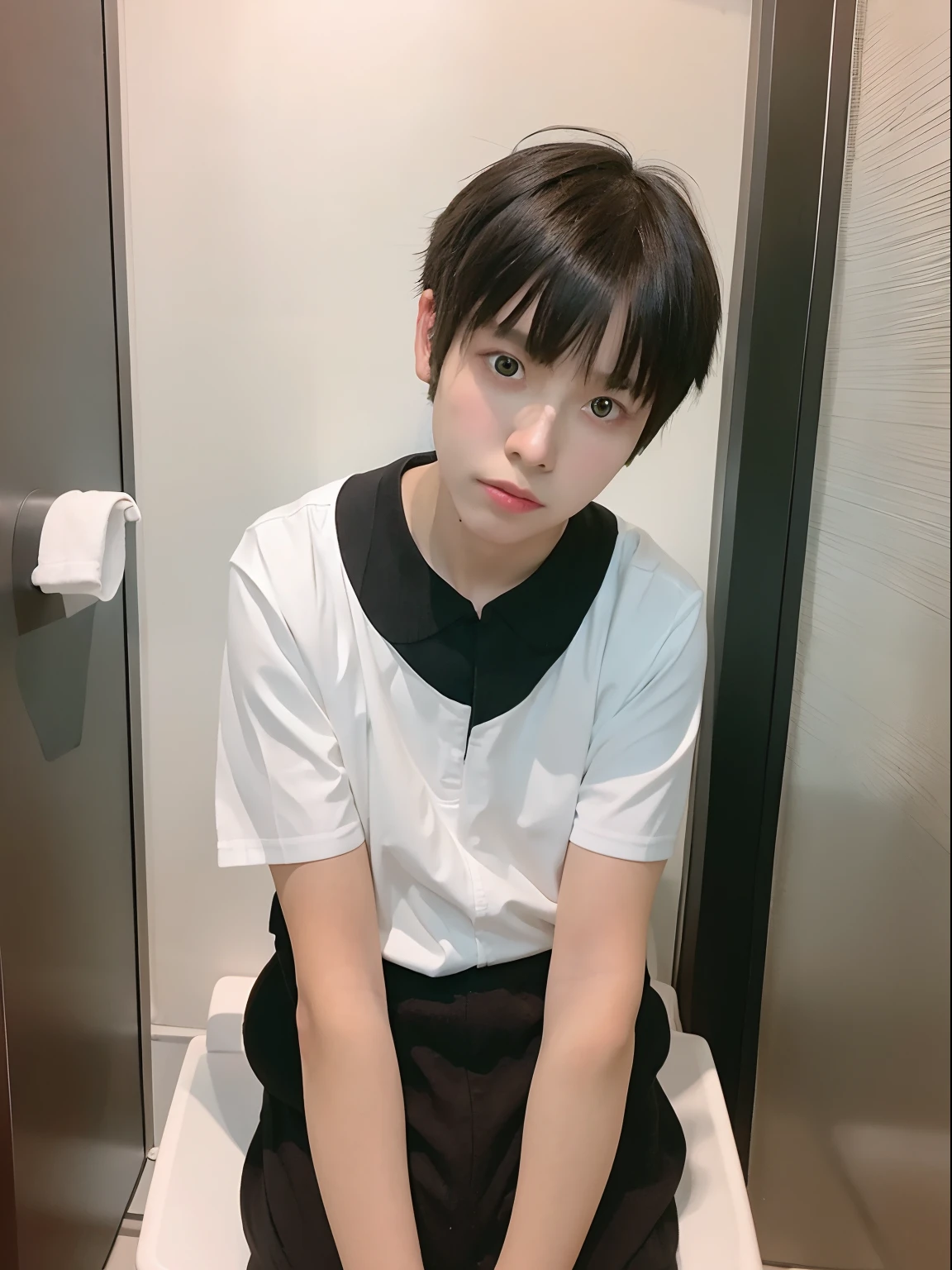 There was a  boy sitting on the toilet in the bathroom, handsome japanese demon boy, with short hair, 1 7 - year - boy thface, boy thin face, Male ulzzang, androgynous person, young anime man, siting on a toilet, taken with sony alpha 9, hime-cut, with serious face expression, Anime boy