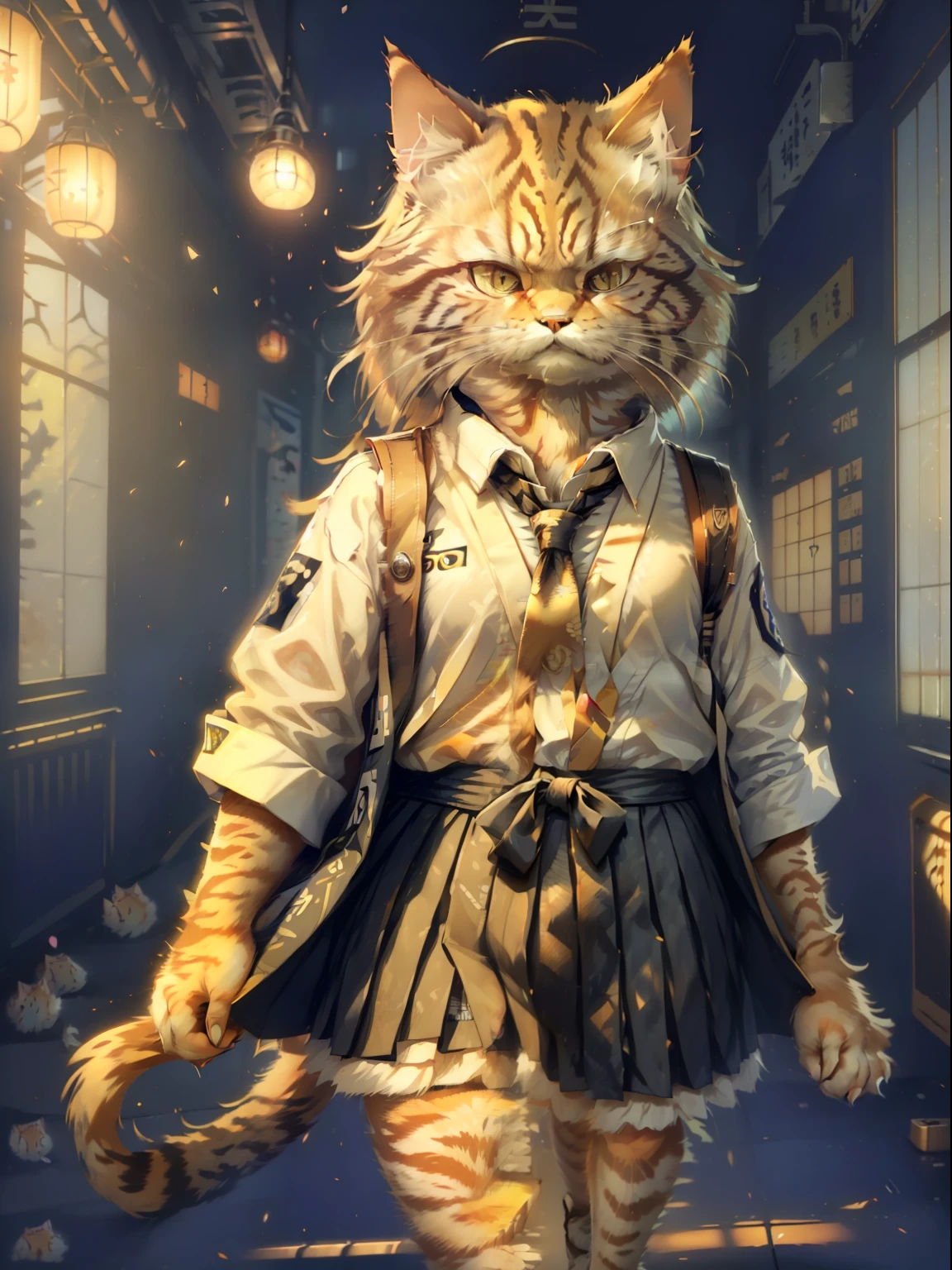 (Photo of a tabby cat(Japanese cat, Manul, Siberian cat) close - up, Walk down the school corridor:1.2), (c4ttitude:1.3), Hyper-realistic intricate details, (ambiguous:1.1), Baixo's point of view, Dressed in school uniforms(white  shirt, black skirt, tie), Mischievous gaze, canny smile; Decent appearance, graceful gait, Fashion Show Lighting, Photorealistic, hair all over the body, Cat's hands, Cat's paws, cat tail