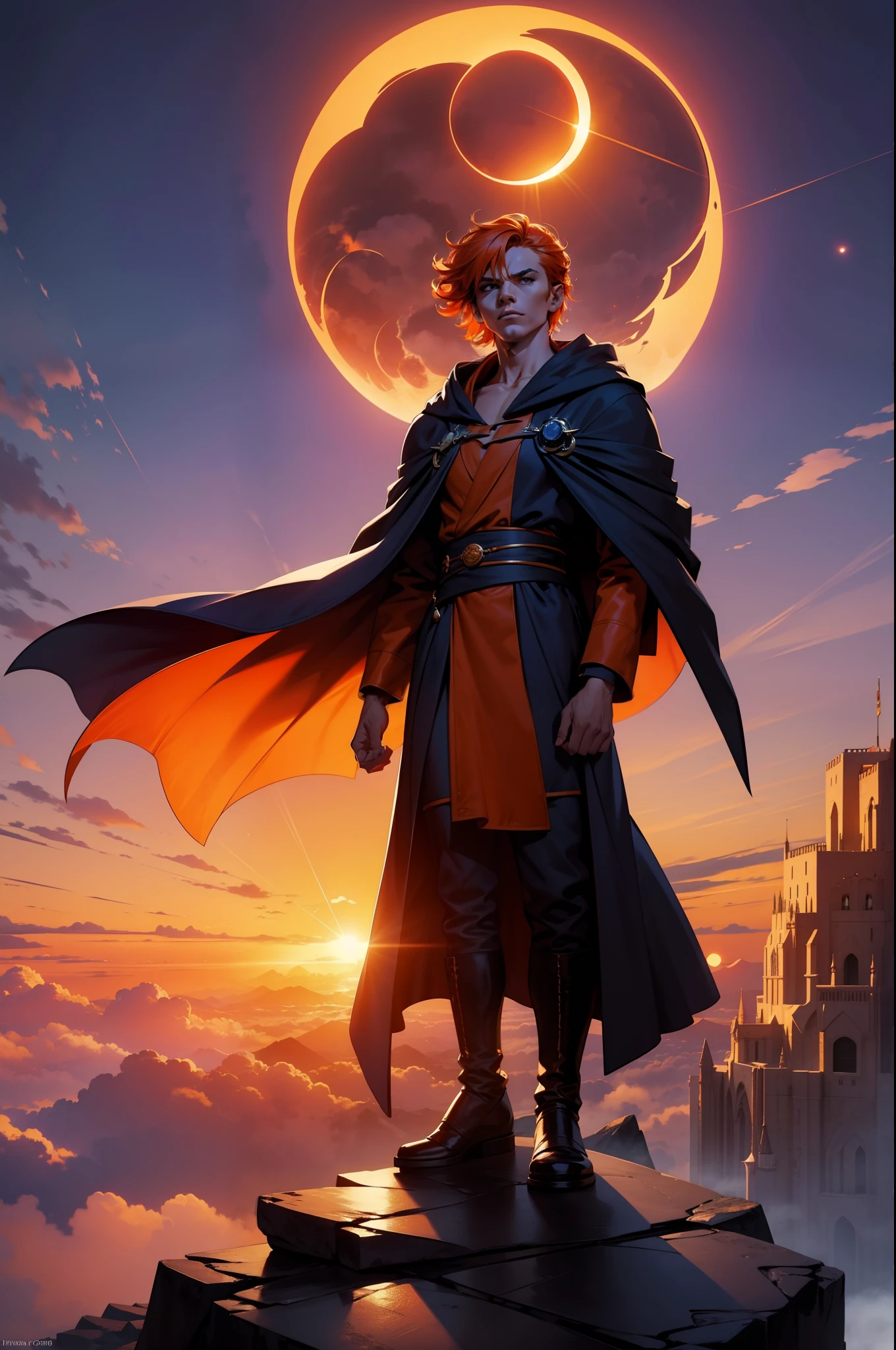 A wizard with orange hair making a powerful position on a raised stone in a city among the clouds sunset sky full of clouds magician wearing beautiful bathrobe hood 8k dramatic scenery statues character with short hair and large cape fluttering in the eclipse of the wind behind at the apex of the magnificent landscape imagec dramatic scene