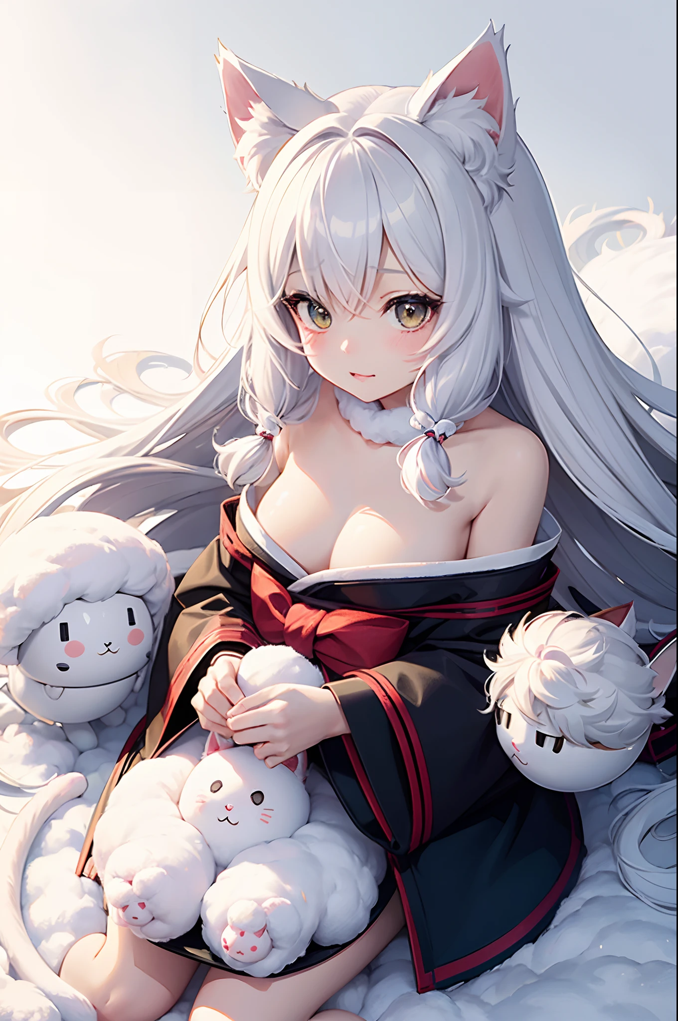 （top-quality）、Cat girl with whole body covered with white fur、cat ear、Cat beard、White hair is fluffy、Mofumofu、Wool like cotton candy、cute little、Beastman、Japanese anime、Chemo-eared girl