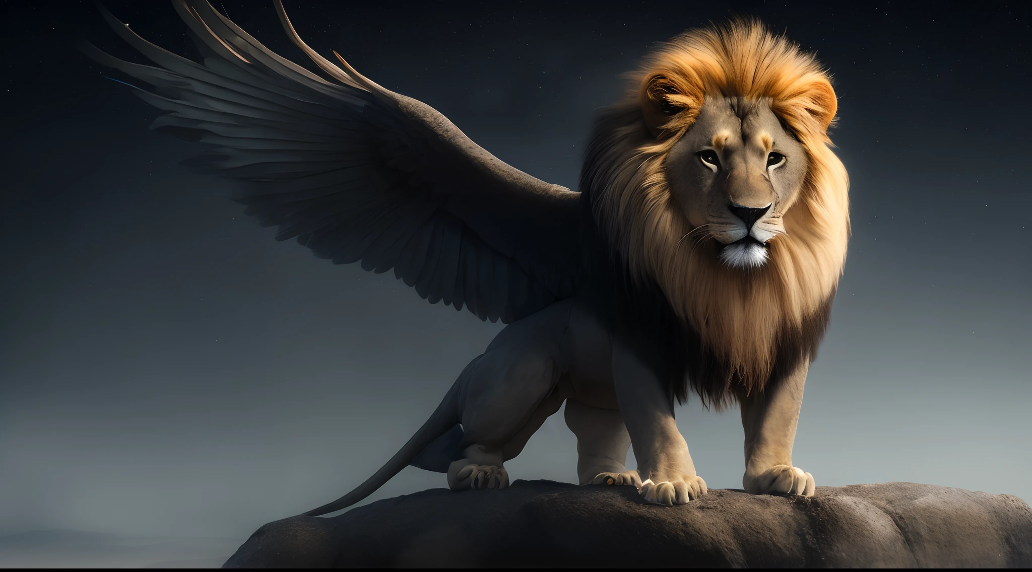 Create a realistic image of a lion with eagle wings taking flight from the front