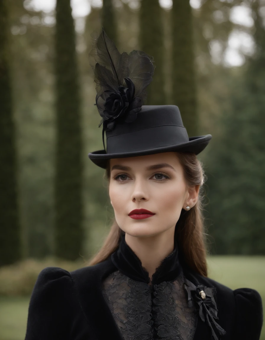 a beautiful woman wearing a coat and hat, in the style of carolina herrera, gothic undertones, unique and one-of-a-kind pieces, 32k uhd, bold curves, classic, frederick sandys,(medium shot), era vitoriana