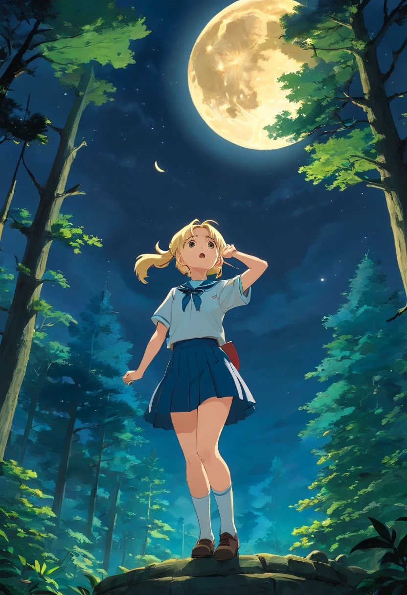 Forest at night，A blonde girl with two ponytails and golden eyes（Wear a short skirt school uniform）The back of a singing song standing on a treetop，The sky has a full moon