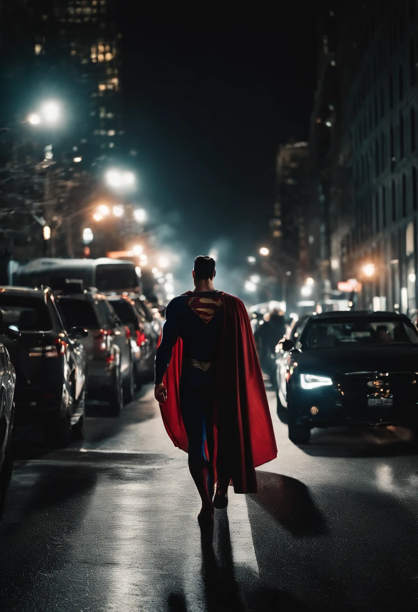 Superman, dc, caminando por una calle, Nueva York, Gente observando, alegria, admiracion, Posicion de pie, dinamico, altamente detallado, enfoque nitido, 8k, resolucion de alta definicion, arte de alex ross, noche, luces de ciudad