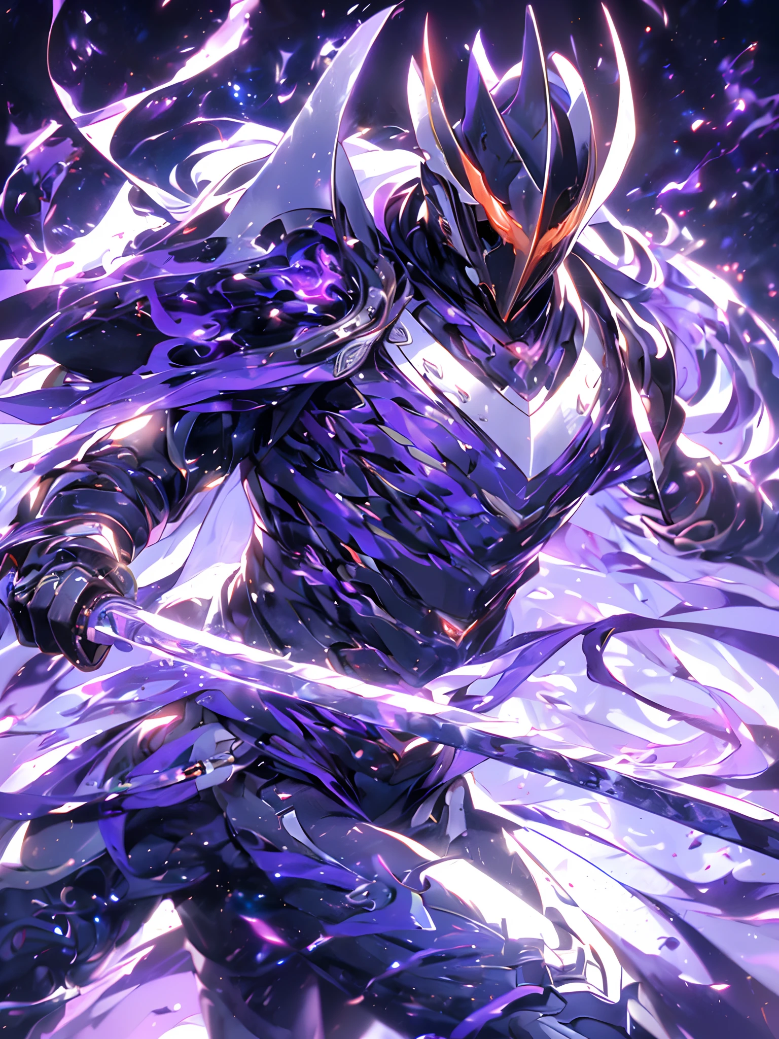 Super Realistic, Hyper Realistic, Super Detailed, (cybersamurai, 1boy, ((solo)), attacking with purple sword, wearing purple-red armor and mask, cape, glowing beautiful purple eyes, glow:1.3) (glowing simple black background:1.25),