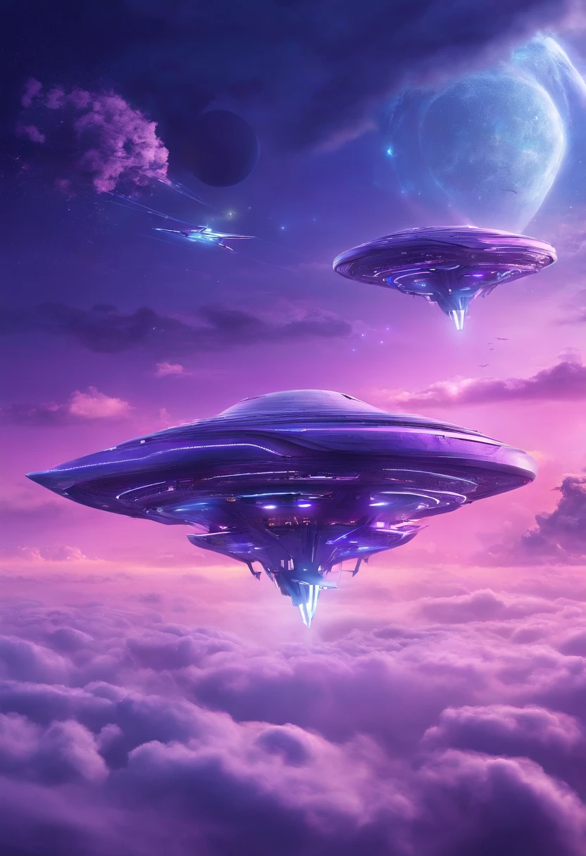 Futuristic alien ships flying above the clouds, dim sky, purple lighting, chuva,lightnings, hyper realistic, altamente detalhado,8k