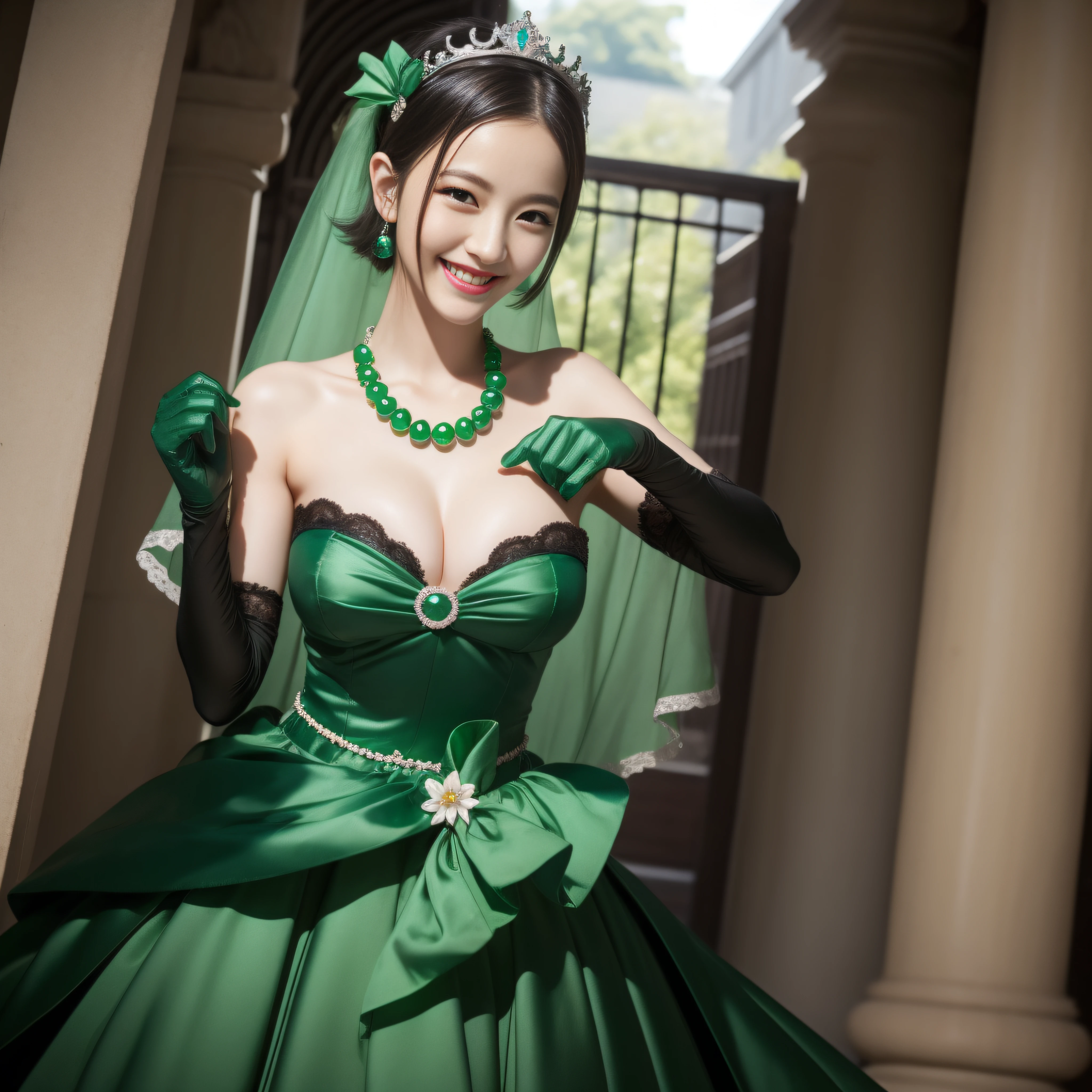 emerald tiara, Green Pearl Necklace, Boyish very short black hair, lipsticks, Japan woman smiling, Long green gloves made of satin material, very short short hair, fist, big breasts beautiful, verd s eyes