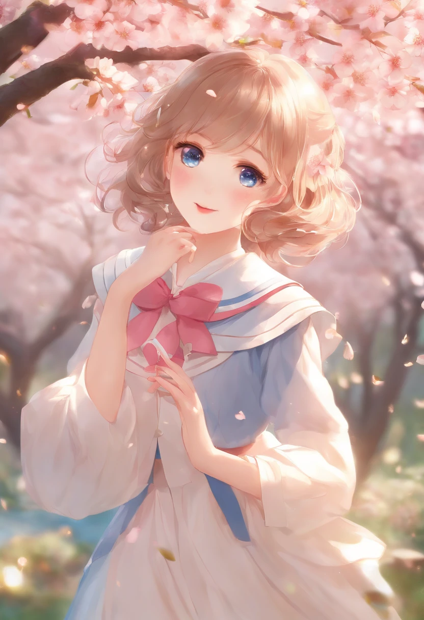 (best quality,4k,8k,highres,masterpiece:1.2),ultra-detailed,gawr gura,khyle.,illustration,soft blended colors,vibrant,pastel tones,1girl,bright blue eyes,wearing a cute sailor uniform,standing under a blooming sakura tree,bathed in soft sunlight,smiling with closed mouth,holding a bouquet of colorful flowers,sparkling cherry blossom petals falling around her,peaceful and joyful atmosphere, 1girl,