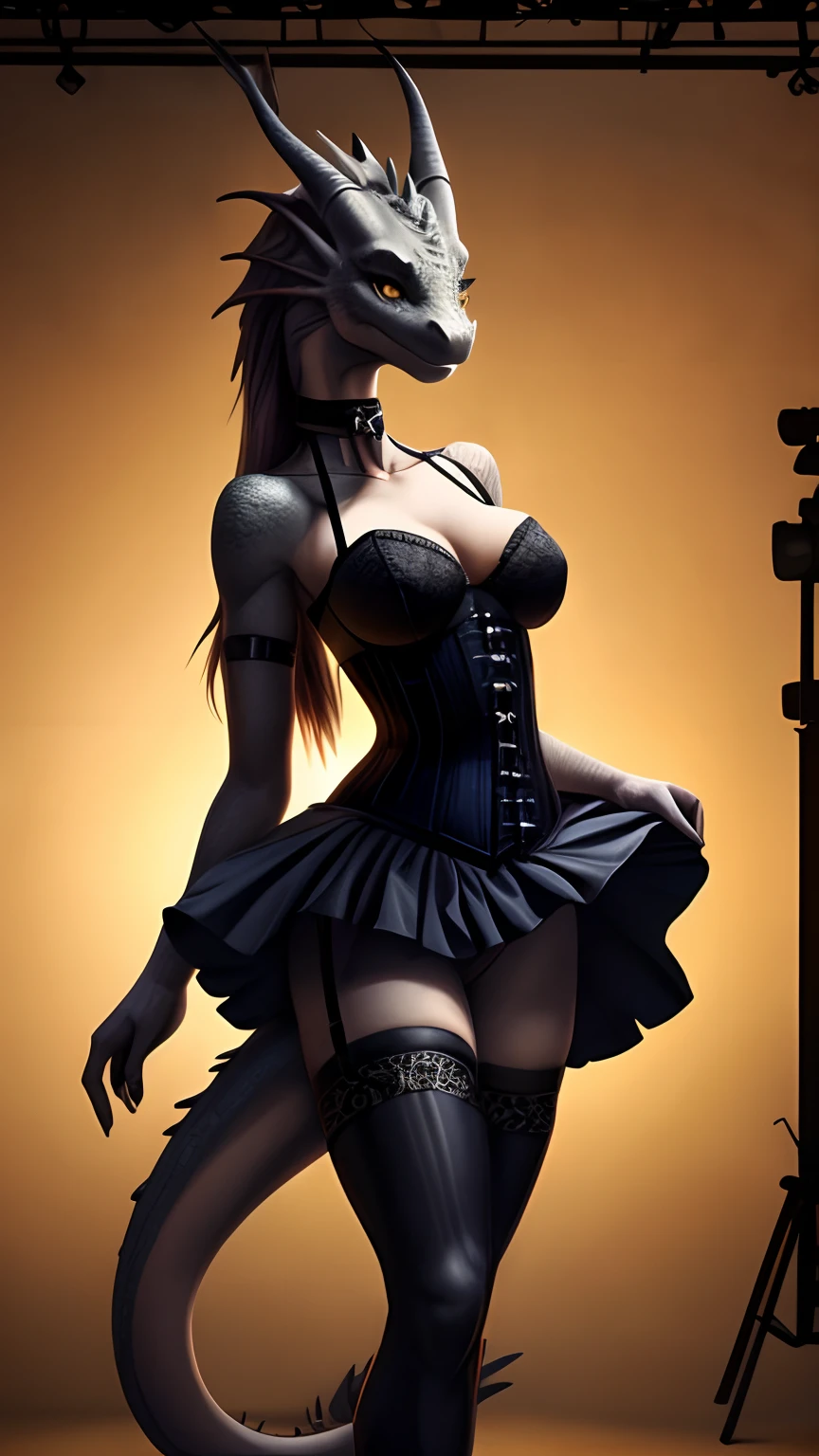 ((Seductive slender anthro dragoness in a corset)), ((red corset, bra, upskirt, stocklings, choker)) A girl, anthro, scaly body, in full height, Slender breasts, scaled skin, long hair, membranous ears with piercing, small head, long neck, long slim legs, tail, Sly seductive look, ((studio lighting, photography)),