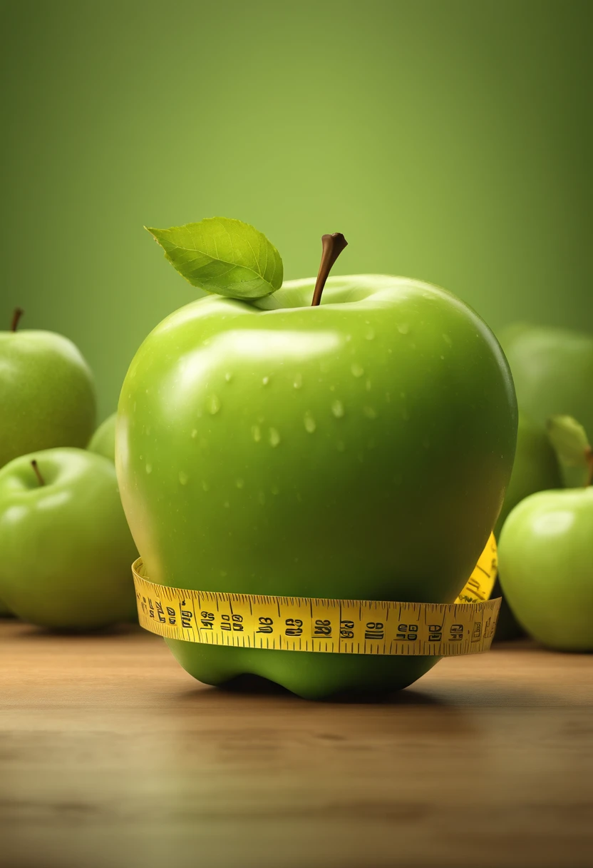 There's a green apple with a tape measure wrapped around it, ( fita metrica amraela ) photorealistic illustration, 3D-rendering", hd illustration, realistic illustration, ultrarealistic illustration, apple design, digital illustration -, renderizado, ultra realistic illustration, elma, with apple, Directed by: Kurt Roesch, imagem de comida super realista, peso natural, crisp detailed 3 d render, Green apples