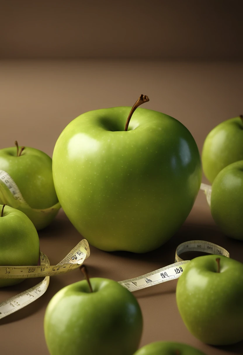 There's a green apple with a tape measure wrapped around it, ( fita metrica amraela ) photorealistic illustration, 3D-rendering", hd illustration, realistic illustration, ultrarealistic illustration, apple design, digital illustration -, renderizado, ultra realistic illustration, elma, with apple, Directed by: Kurt Roesch, imagem de comida super realista, peso natural, crisp detailed 3 d render, Green apples