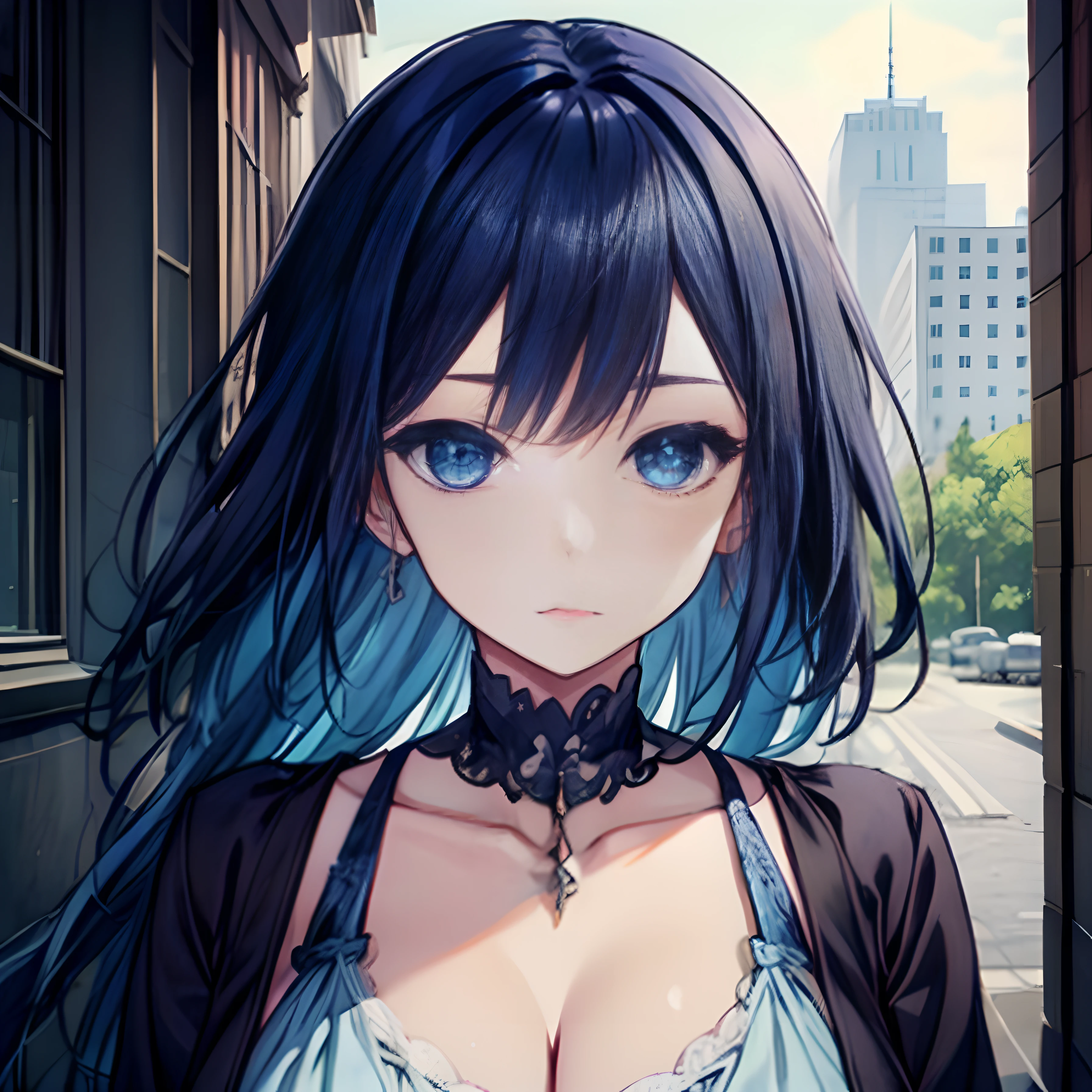anime girl with blue hair and blue eyes standing in front of a building, detailed digital anime art, anime style 4 k, anime style. 8k, digital anime art, seductive anime girl, realistic anime artstyle, beautiful anime portrait, anime style portrait, beautiful anime girl, anime styled digital art, detailed portrait of anime girl, anime moe artstyle, beautiful anime woman