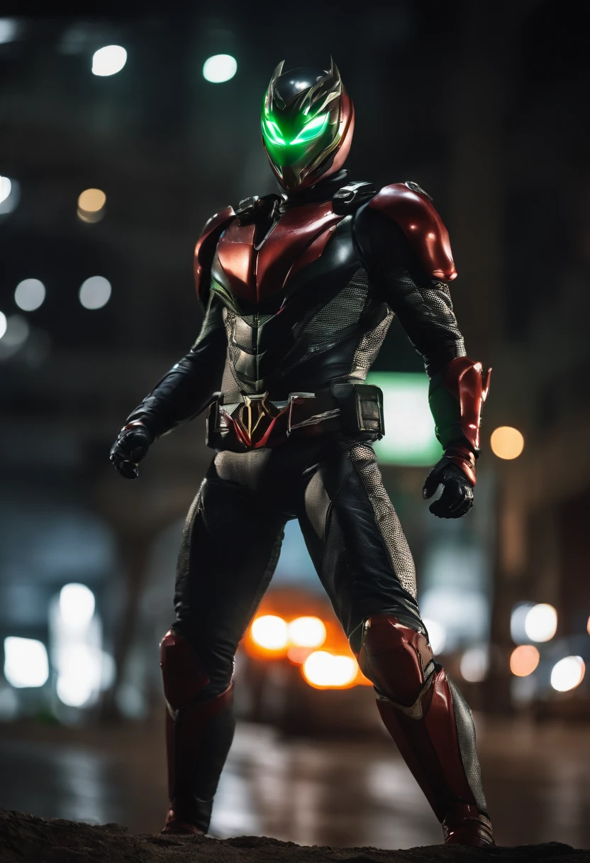 (8k,.RAW,profissional,qualidade superior),(realisitic,Fotorrealista:1.2),anatomia perfeita,(face com maior detalhe:1.2),frontlighting,Dark shadows threatened the city,Kamen Rider Shiden,Green Metal Body, preto e branco profundo,Wearing a transformation belt,Mal queimando com chamas azuis,Derrote o mal,Combates intensos,Ataque Especial(zero absoluto),Kamen Rider Illuminates the Darkness,Silenciador branco tremulando ao vento,olhos brancos de neve