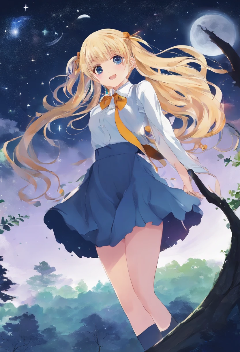 Forest at night,A blonde girl with double ponytail(Wear a short skirt school uniform)The back of a singing song standing on a treetop,The sky has a full moon
