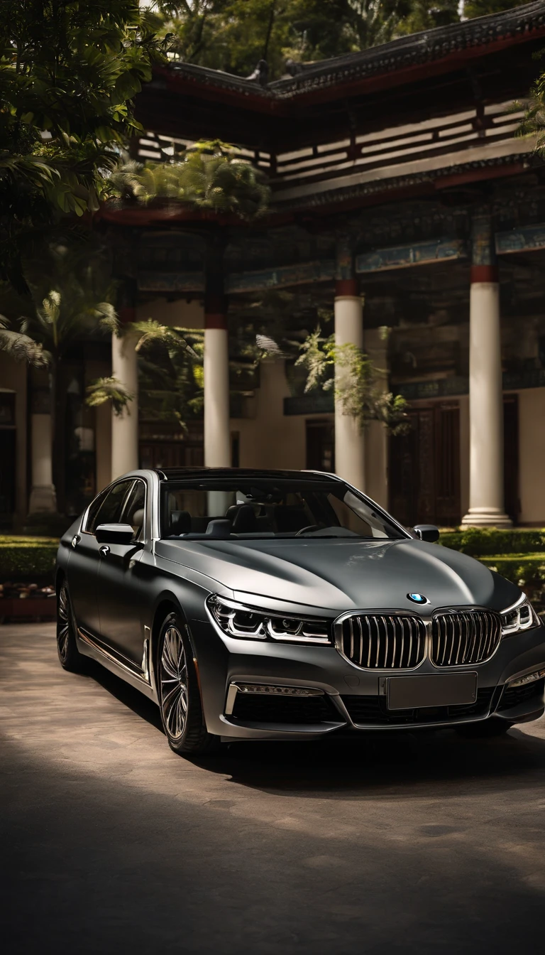 A BMW 760, metallic, spacious, bright, commercial photography, large scenes, ambient light, ancient Chinese architecture, gardens, bamboo, rockery, bright car lights, real photos, rich details, cinematic atmosphere, cinematic light, central composition, frontal view, depth of field, 8K --ar 16:9 --q 2 --v 5