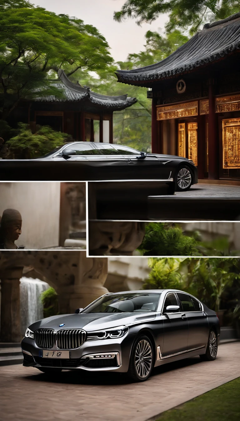 A BMW 760, metallic, spacious, bright, commercial photography, large scenes, ambient light, ancient Chinese architecture, gardens, bamboo, rockery, bright car lights, real photos, rich details, cinematic atmosphere, cinematic light, central composition, frontal view, depth of field, 8K --ar 16:9 --q 2 --v 5