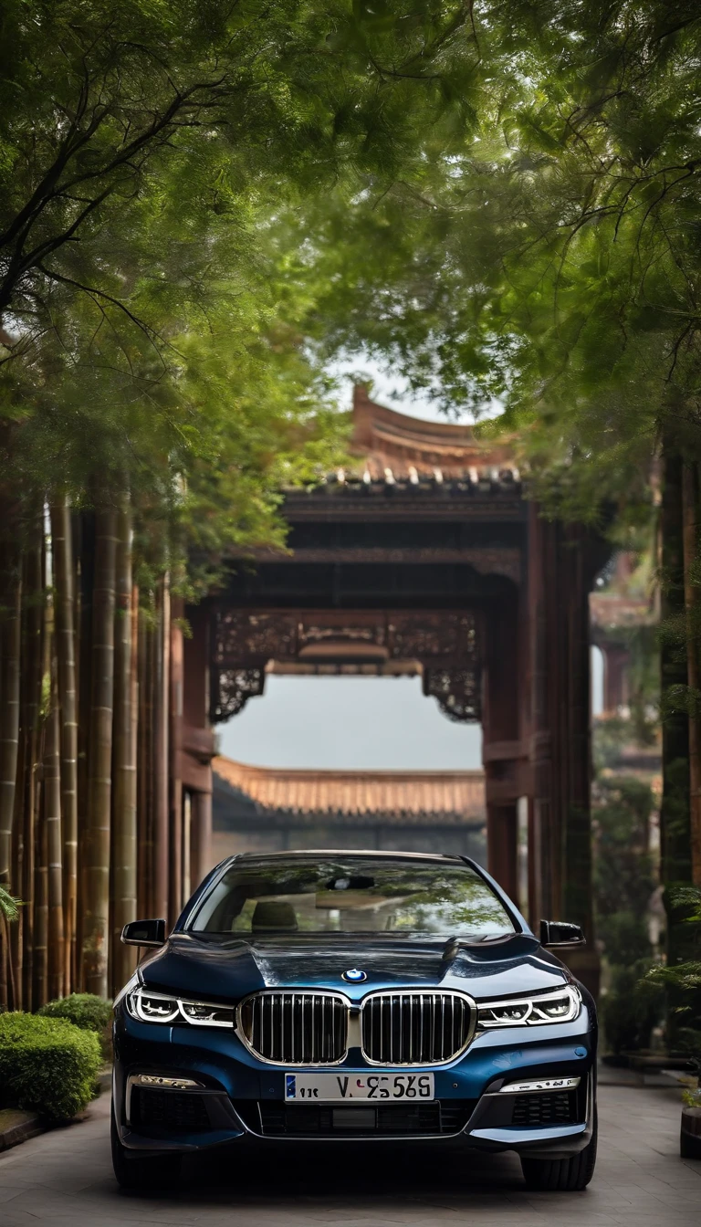 A BMW 760, metallic, spacious, bright, commercial photography, large scenes, ambient light, ancient Chinese architecture, gardens, bamboo, rockery, bright car lights, real photos, rich details, cinematic atmosphere, cinematic light, central composition, frontal view, depth of field, 8K --ar 16:9 --q 2 --v 5