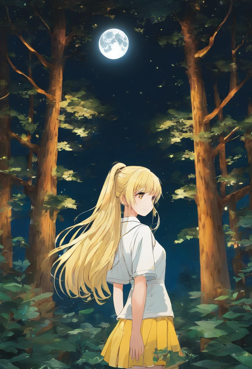 Forest at night,A blonde girl with double ponytail and yellow eyes(Wear a short skirt school uniform)The back of a singing song standing on a treetop,The sky has a full moon